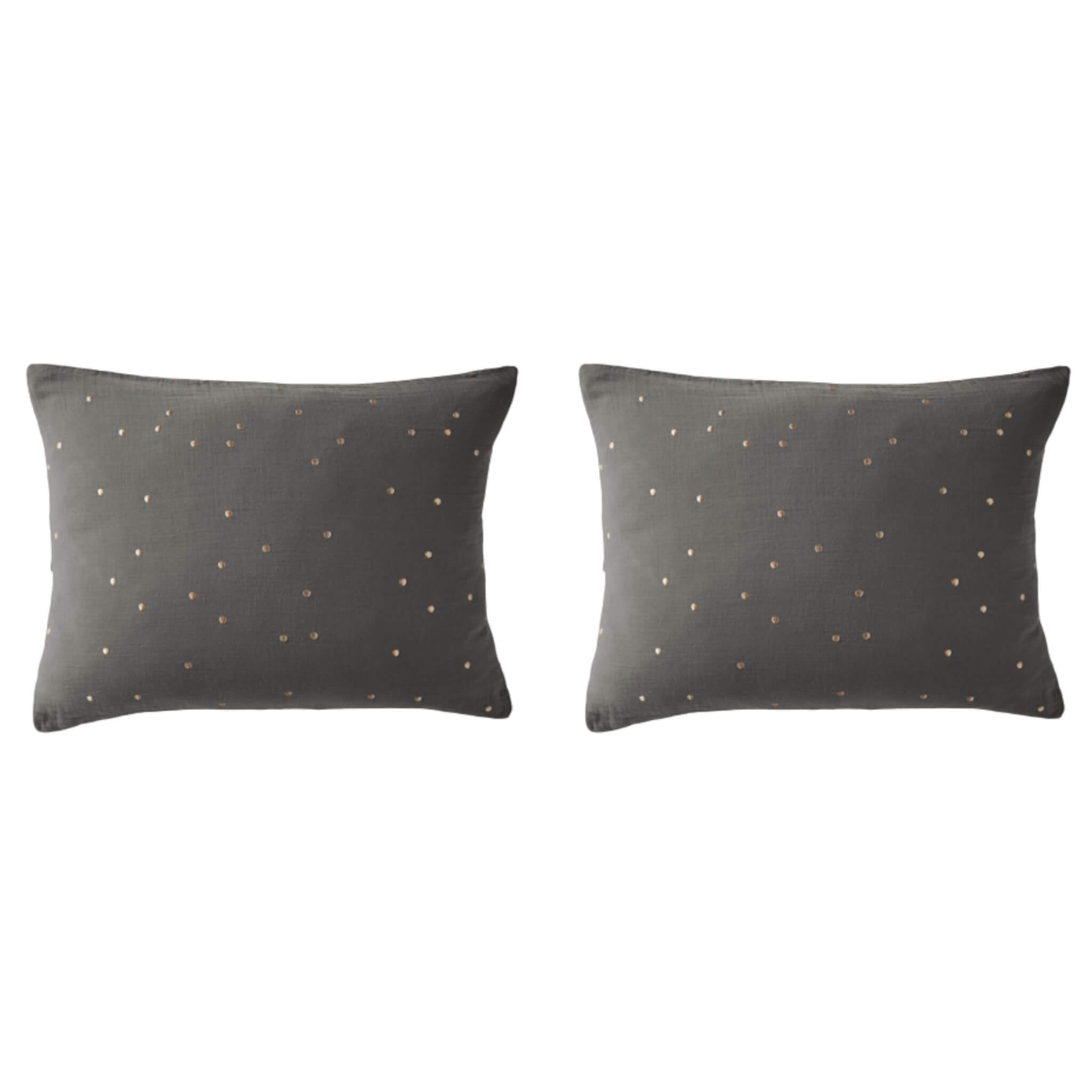 Lot de 2 taies d'oreillers à pois brodés double gaze de coton gris anthracite