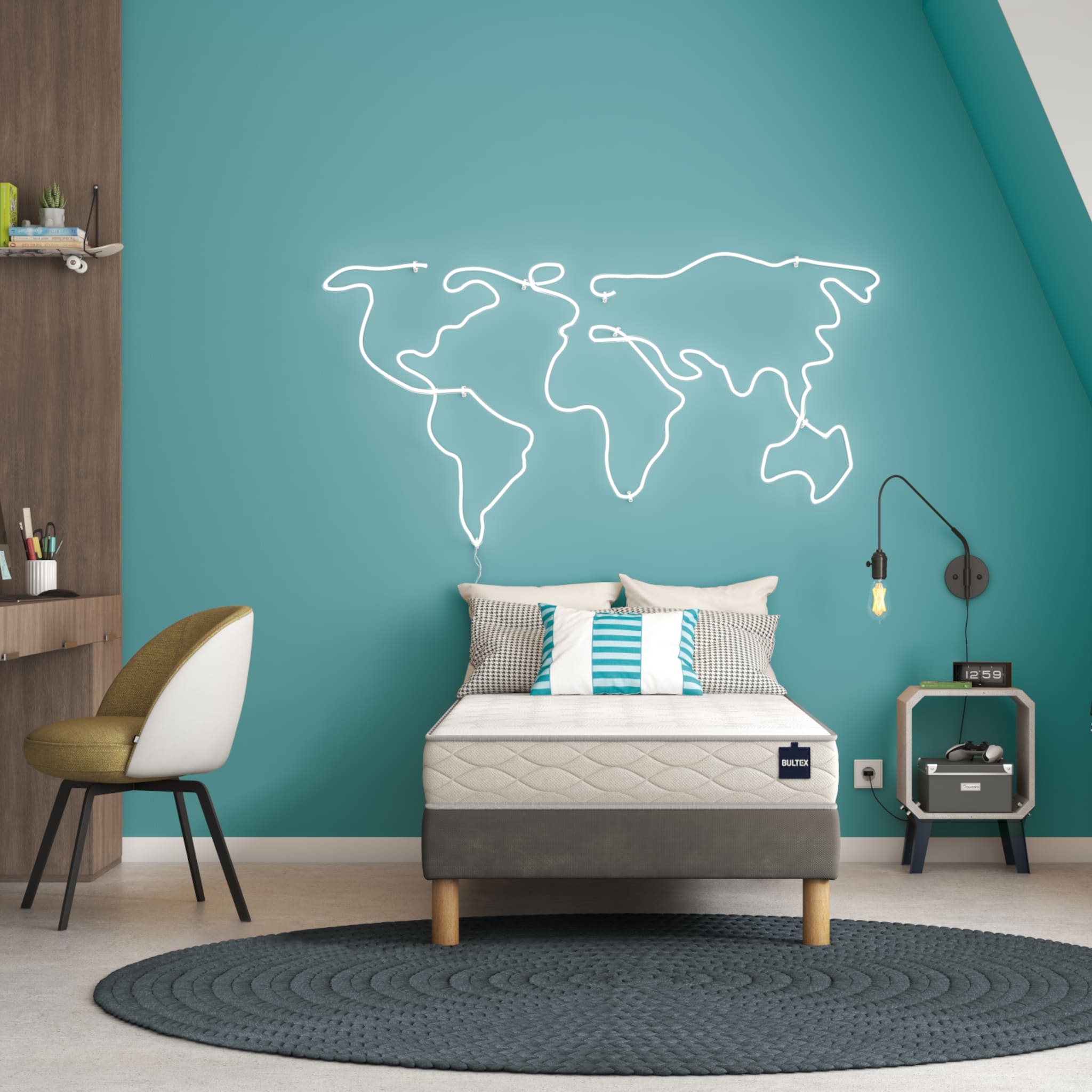 Ensemble matelas junior Bultex primo Fair 2, sommier Vigoroso gris fumé et pieds