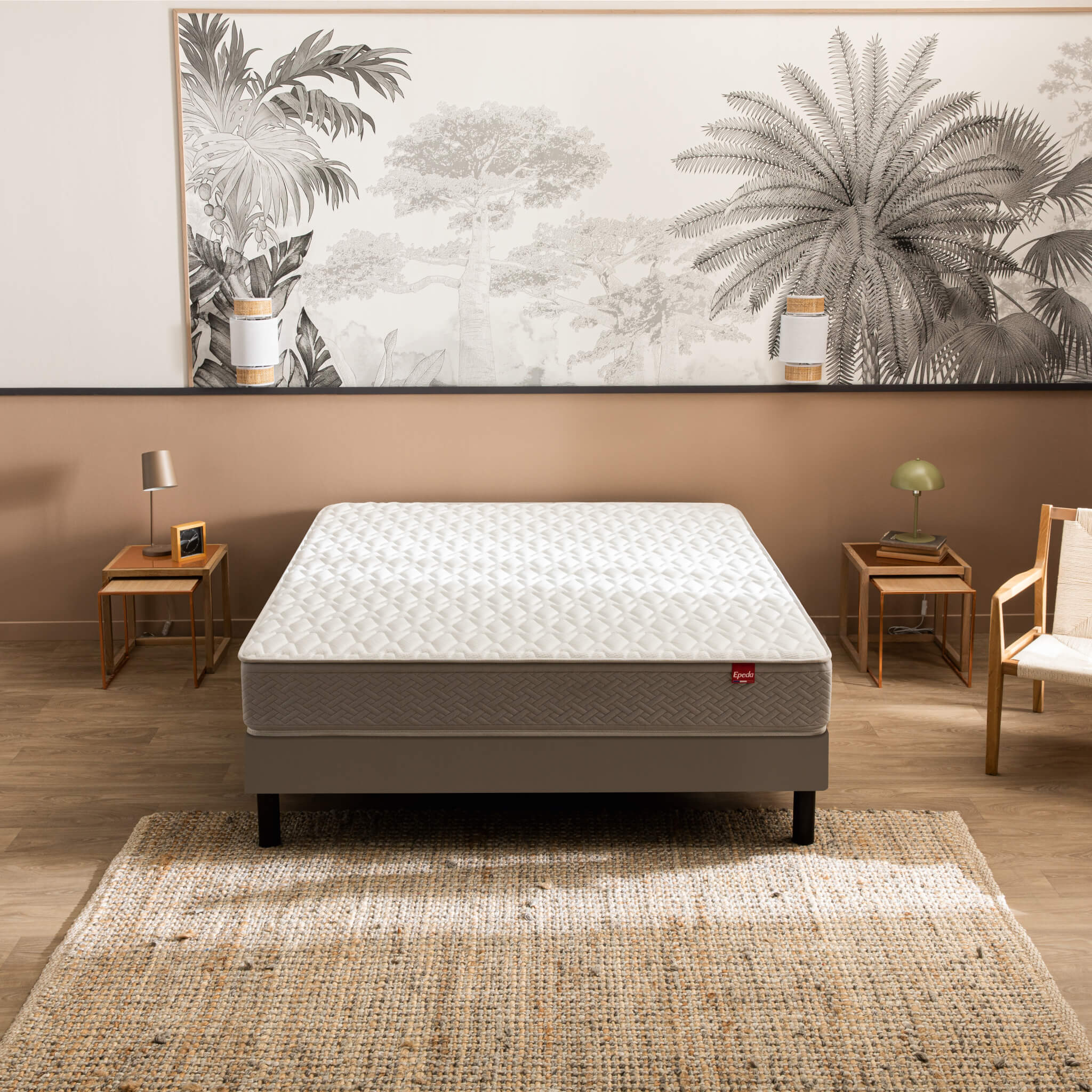 Ensemble matelas ressorts multispires Dépaysant, sommier Escale Ferme, pieds - Epeda