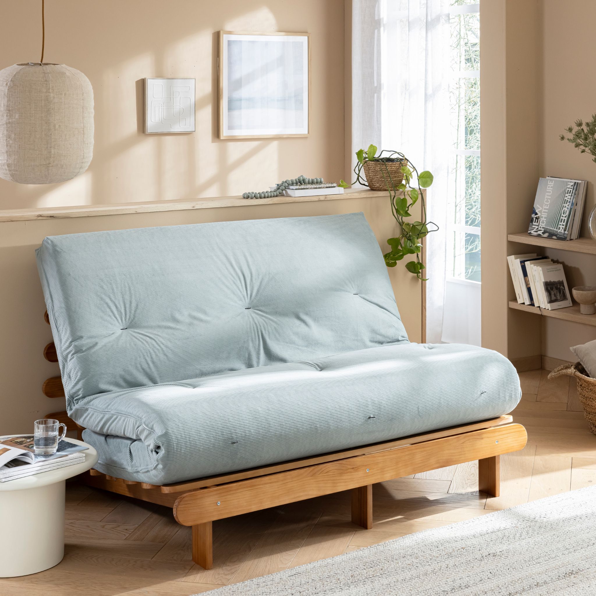 Matelas futon latex ferme tissu velours côtelé Vert Céladon - Terre de Nuit