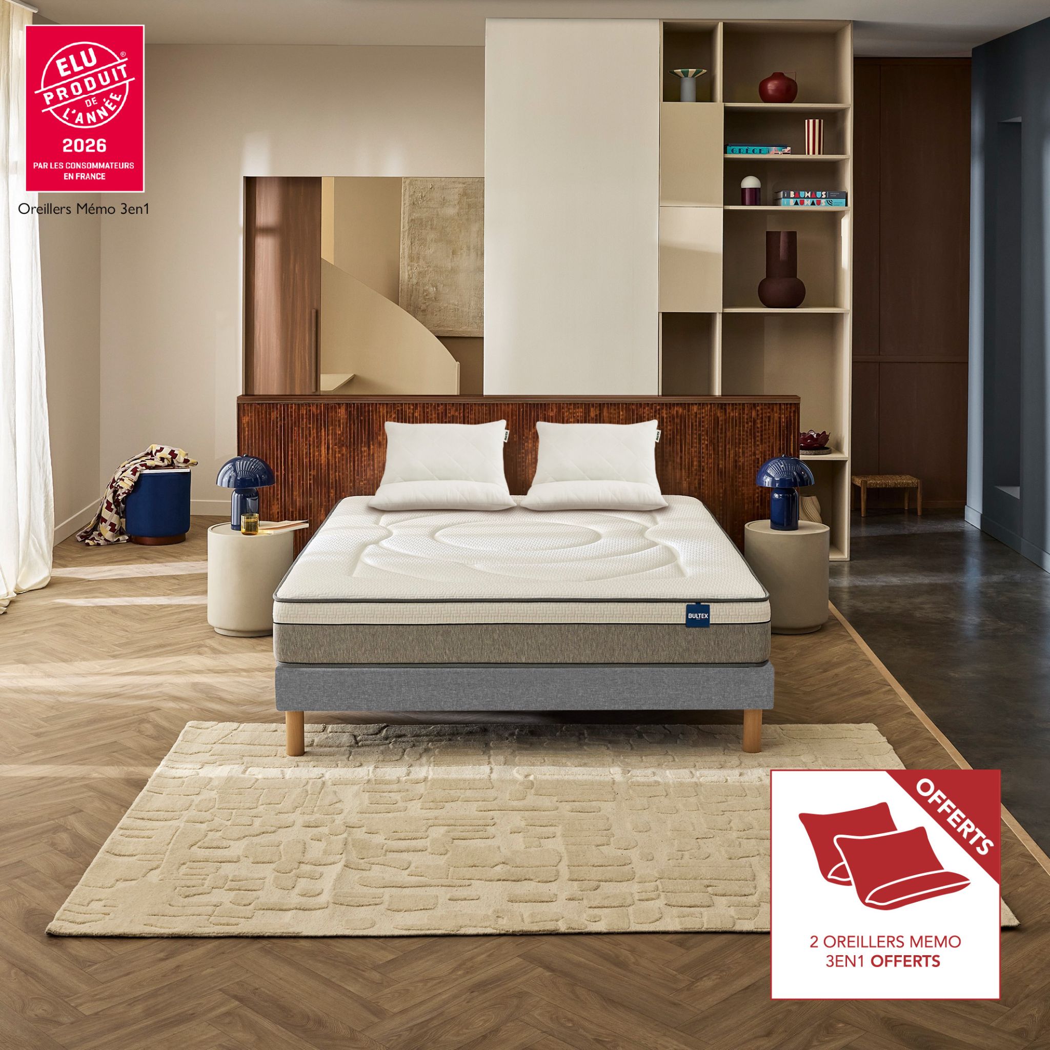 Ensemble matelas hybride Bultex Restore + 2 oreillers Bultex Memo 3-en-1 offerts