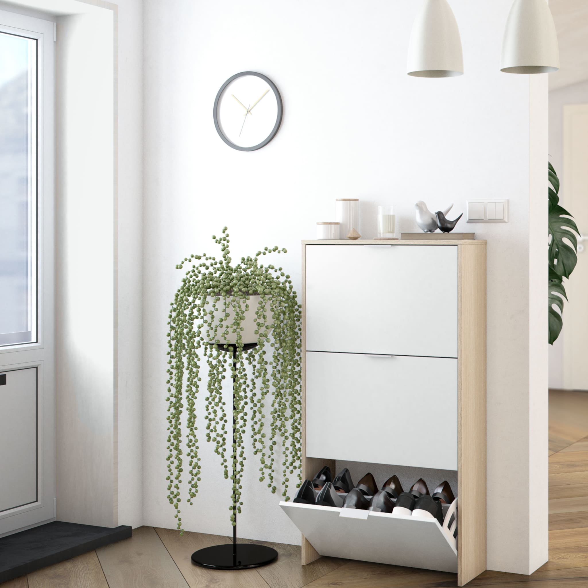 Meuble à chaussures avec 3 portes, capacité 18 paires - Blanc et chêne - MC81011