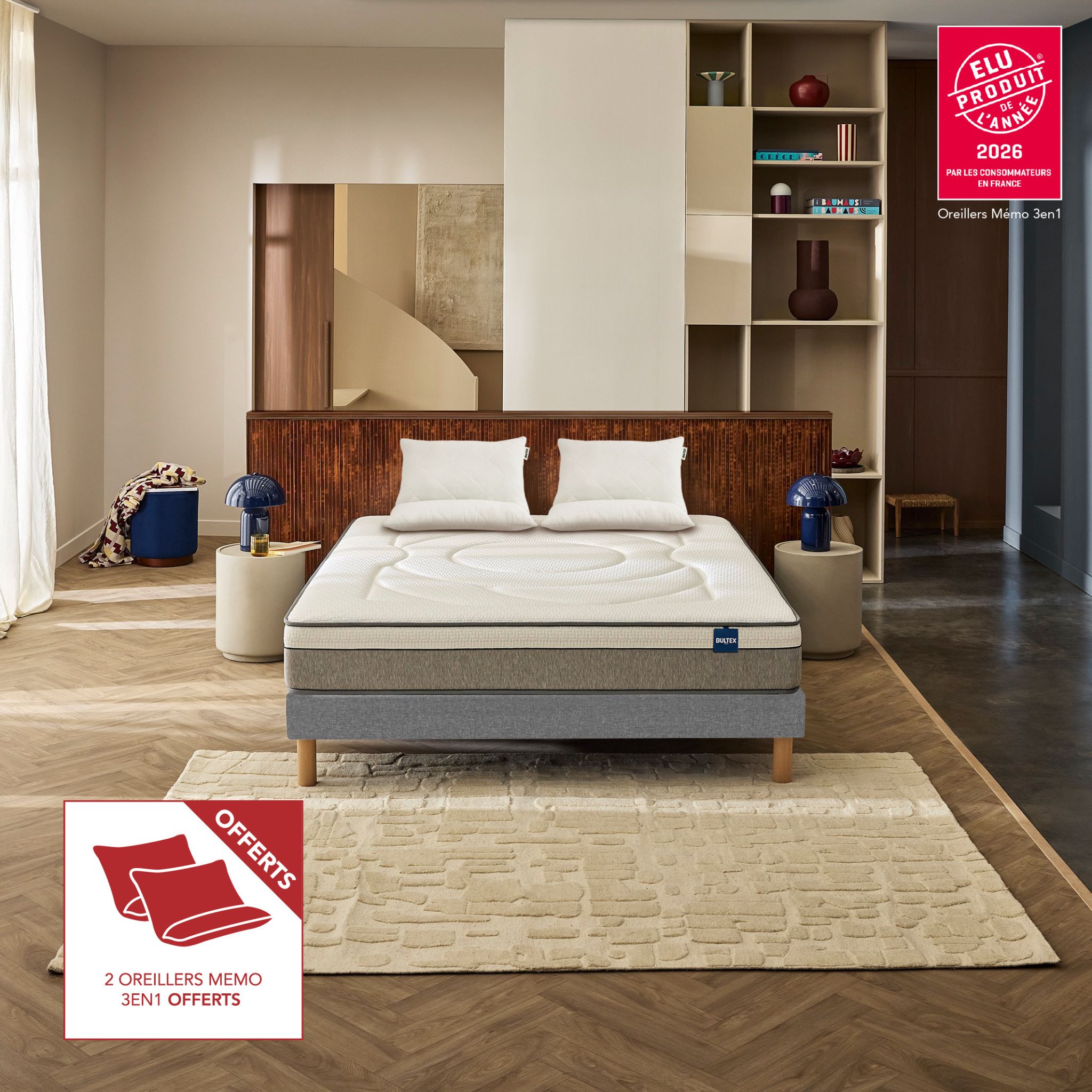 Pack matelas hybride Bultex Move + 2 oreillers Bultex Memo 3-en-1 offerts