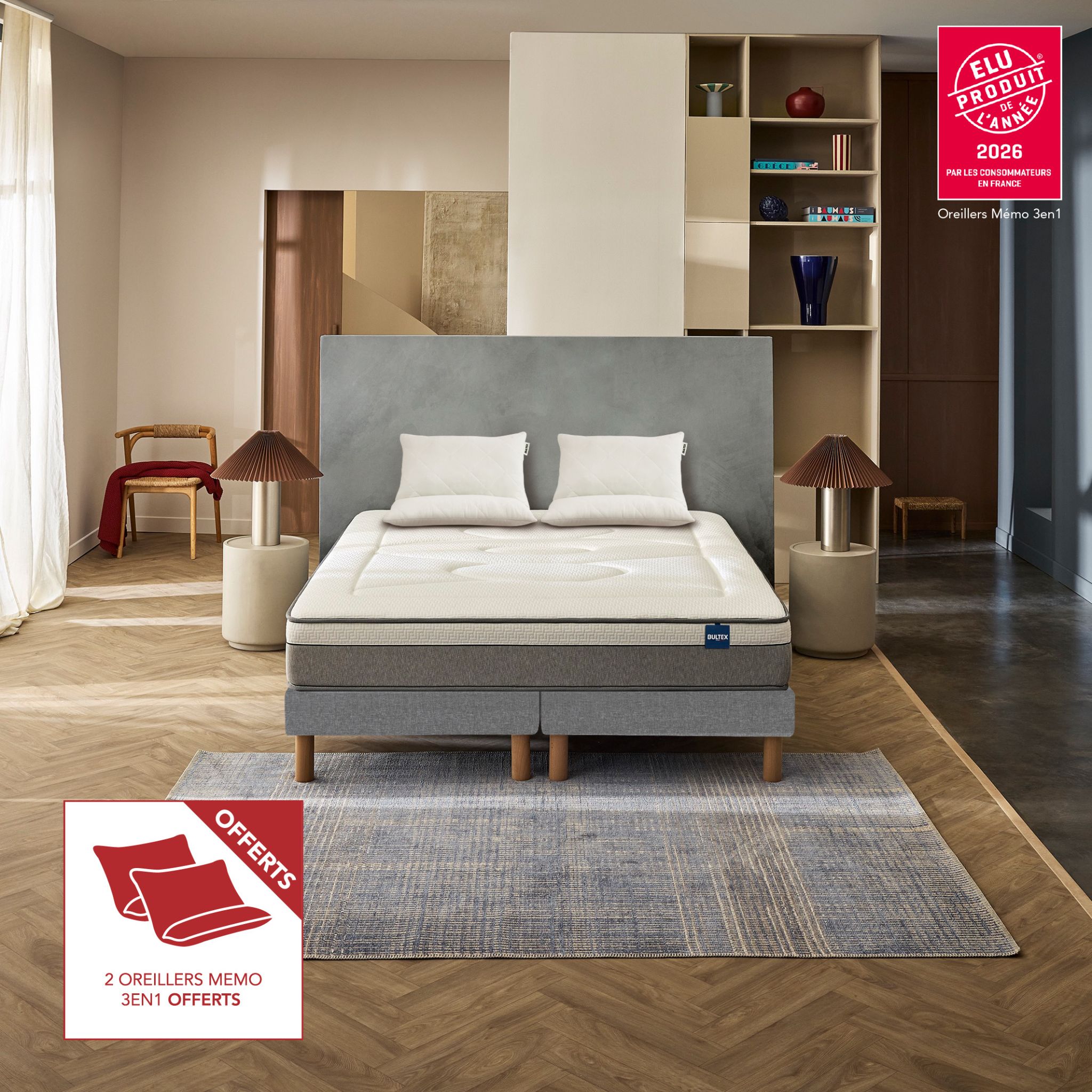 Pack matelas hybride Bultex Restore + 2 oreillers Bultex Memo 3-en-1 offerts