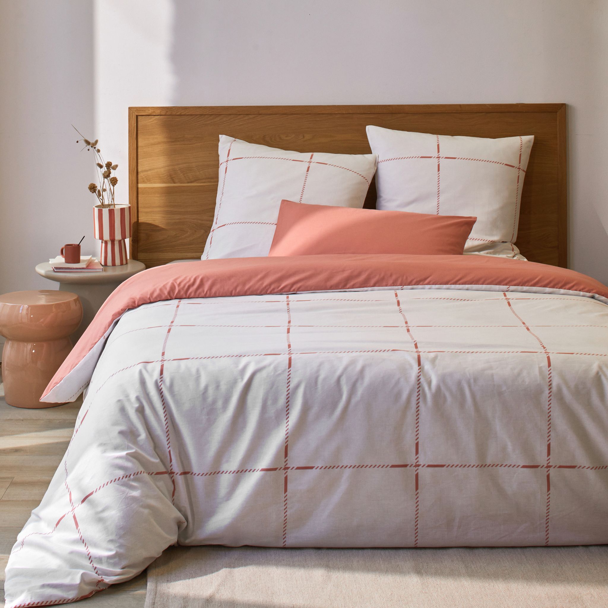 Parure de lit 140x200 coton carreaux terracotta Terre de Nuit Axel