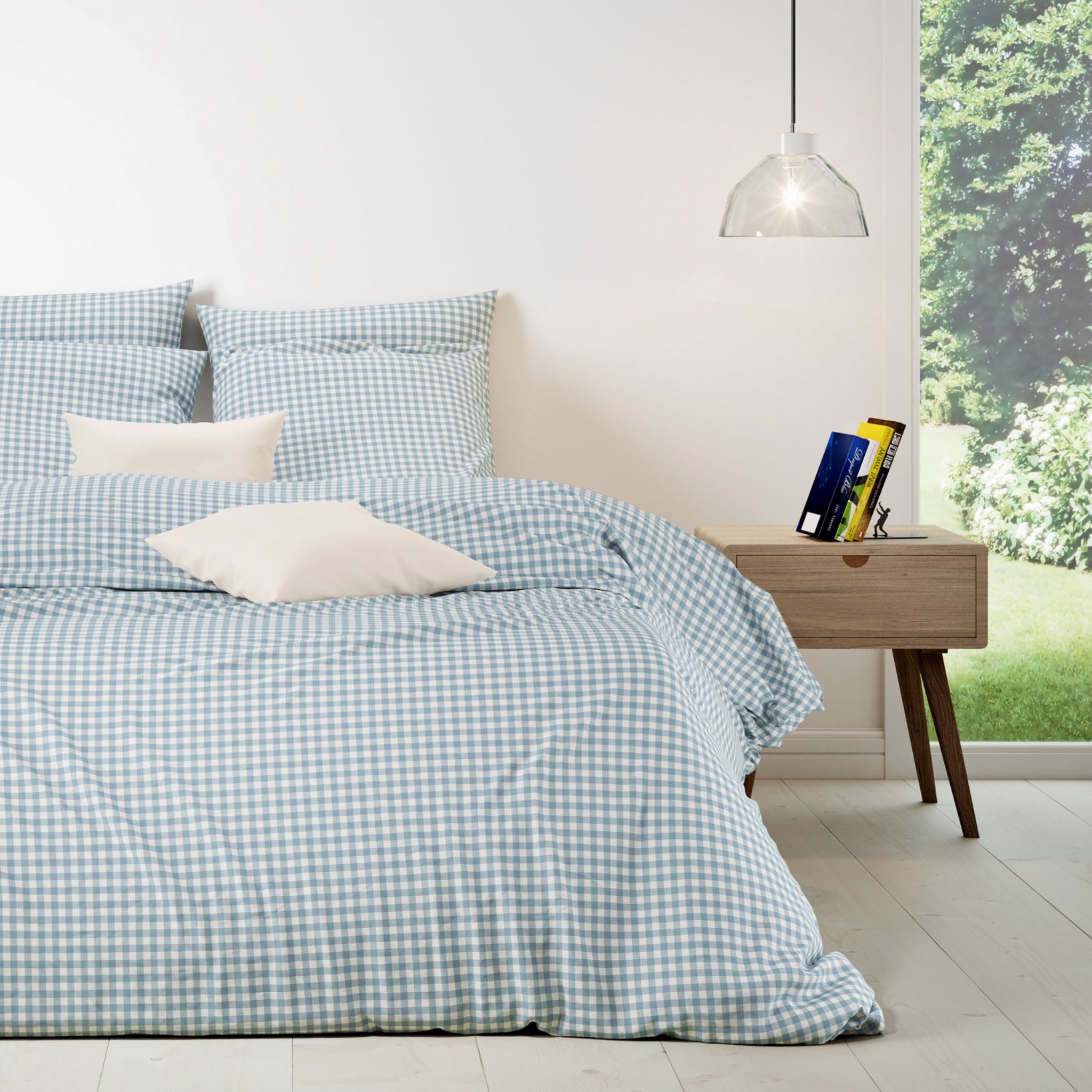 Parure de lit 140x200 coton carreaux bleu Terre de Nuit Bibiane