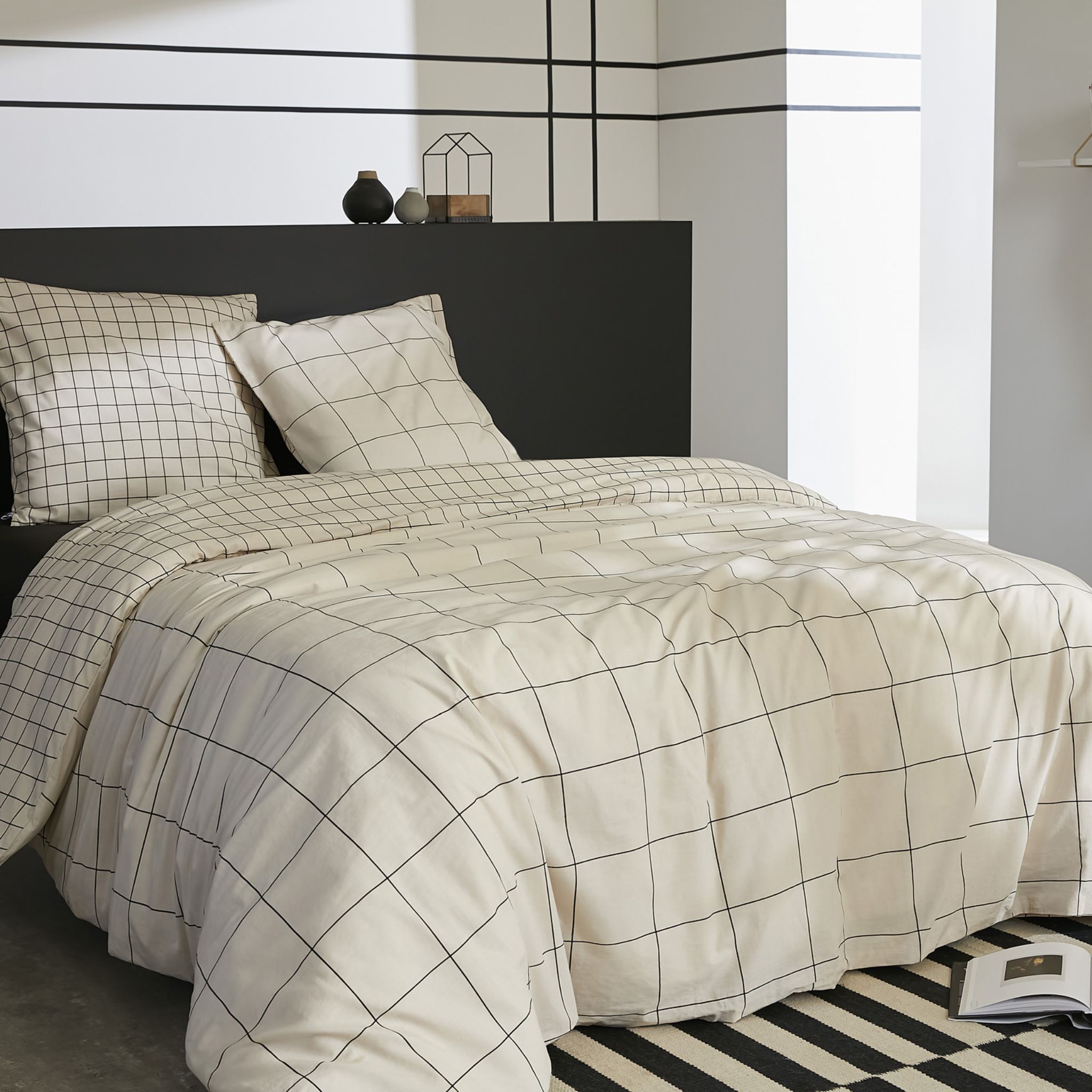 Parure de lit 140x200 coton carreaux Terre de Nuit Carrie