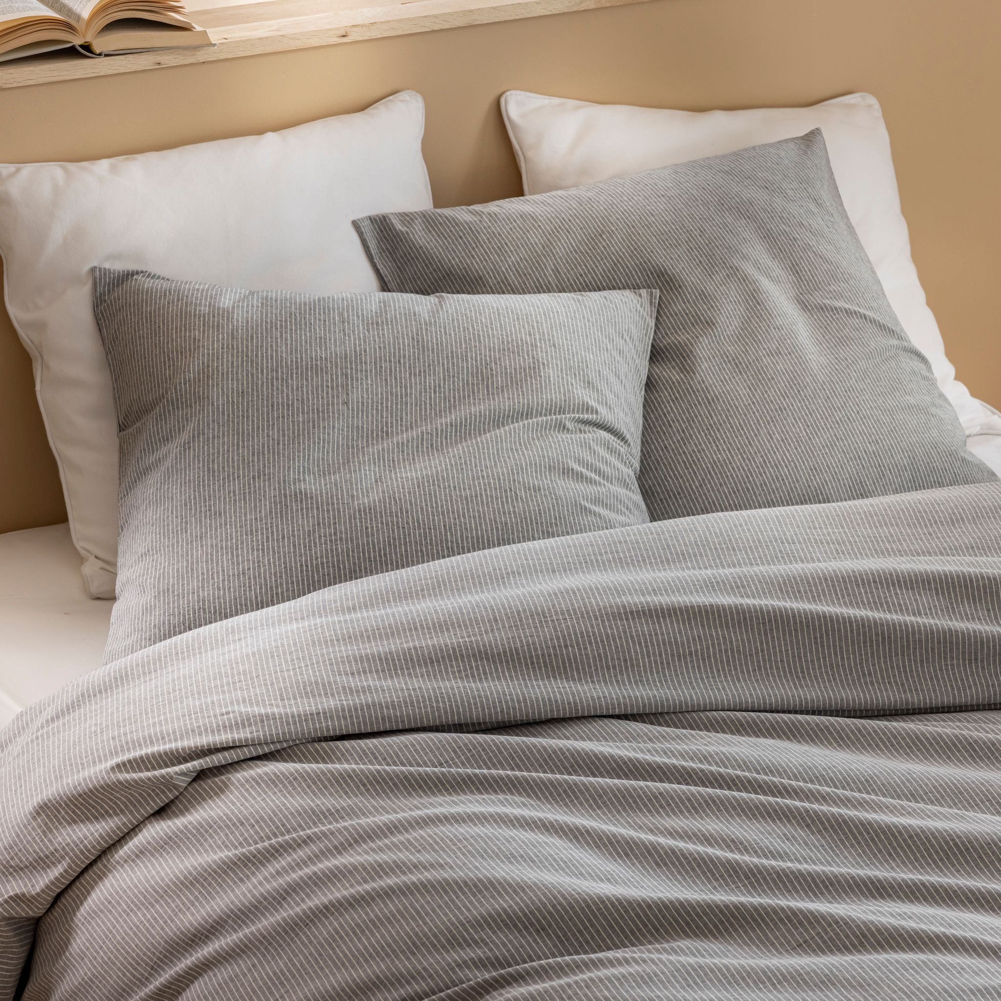 Parure de lit 140x200 coton rayure gris Terre de Nuit Eden