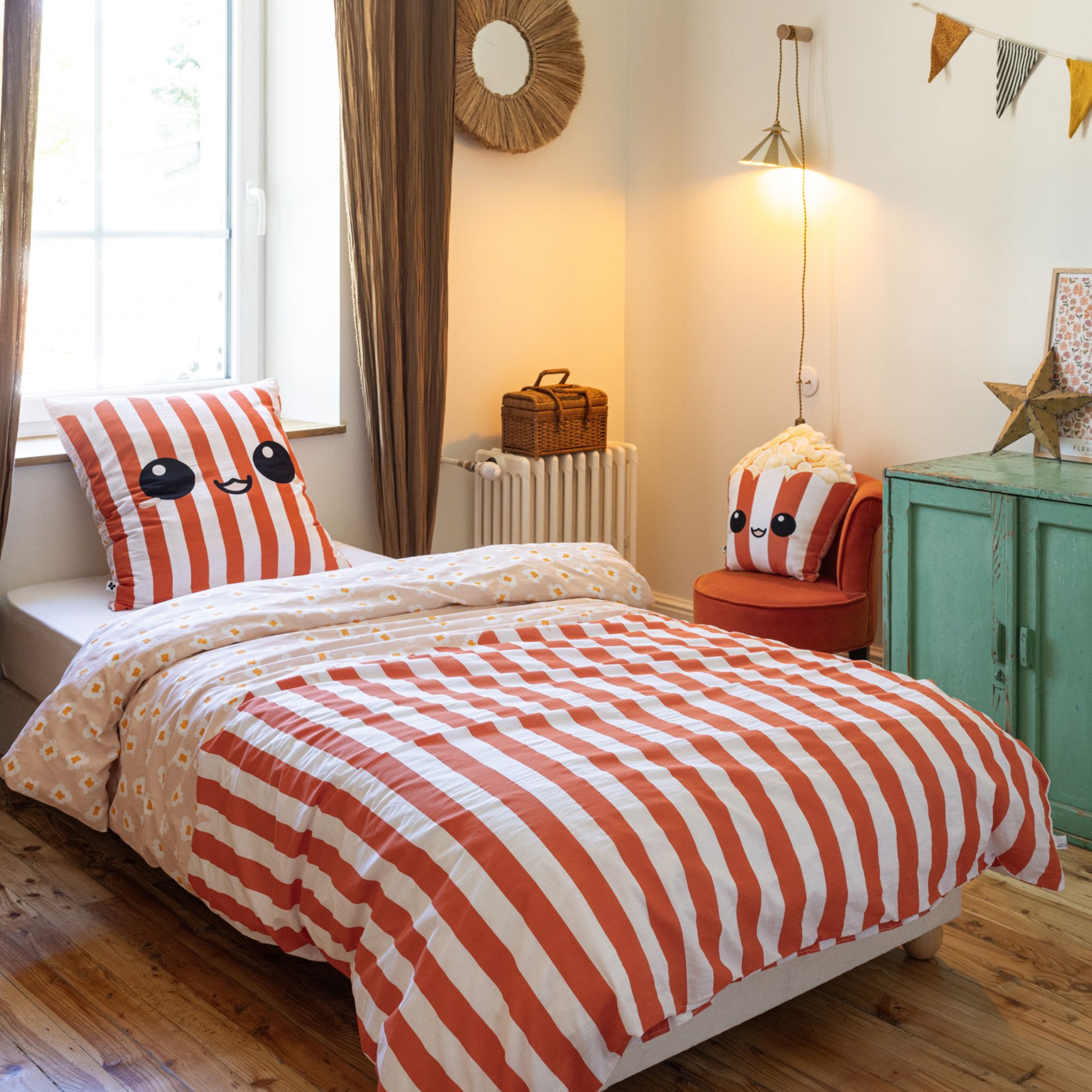 Parure de lit enfant 200x200 coton rayures Terre de Nuit Fresh popcorn