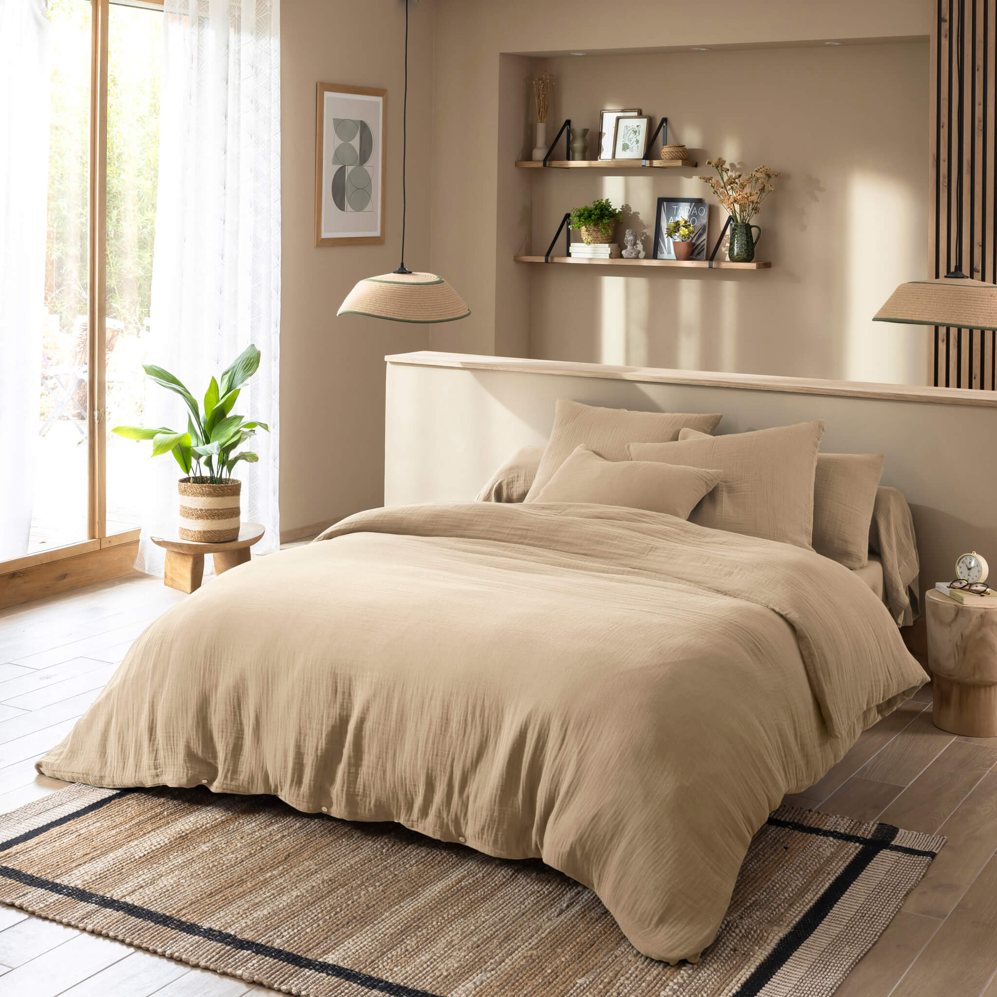 Parure de lit 140x200 gaze de coton beige Terre de Nuit NOA
