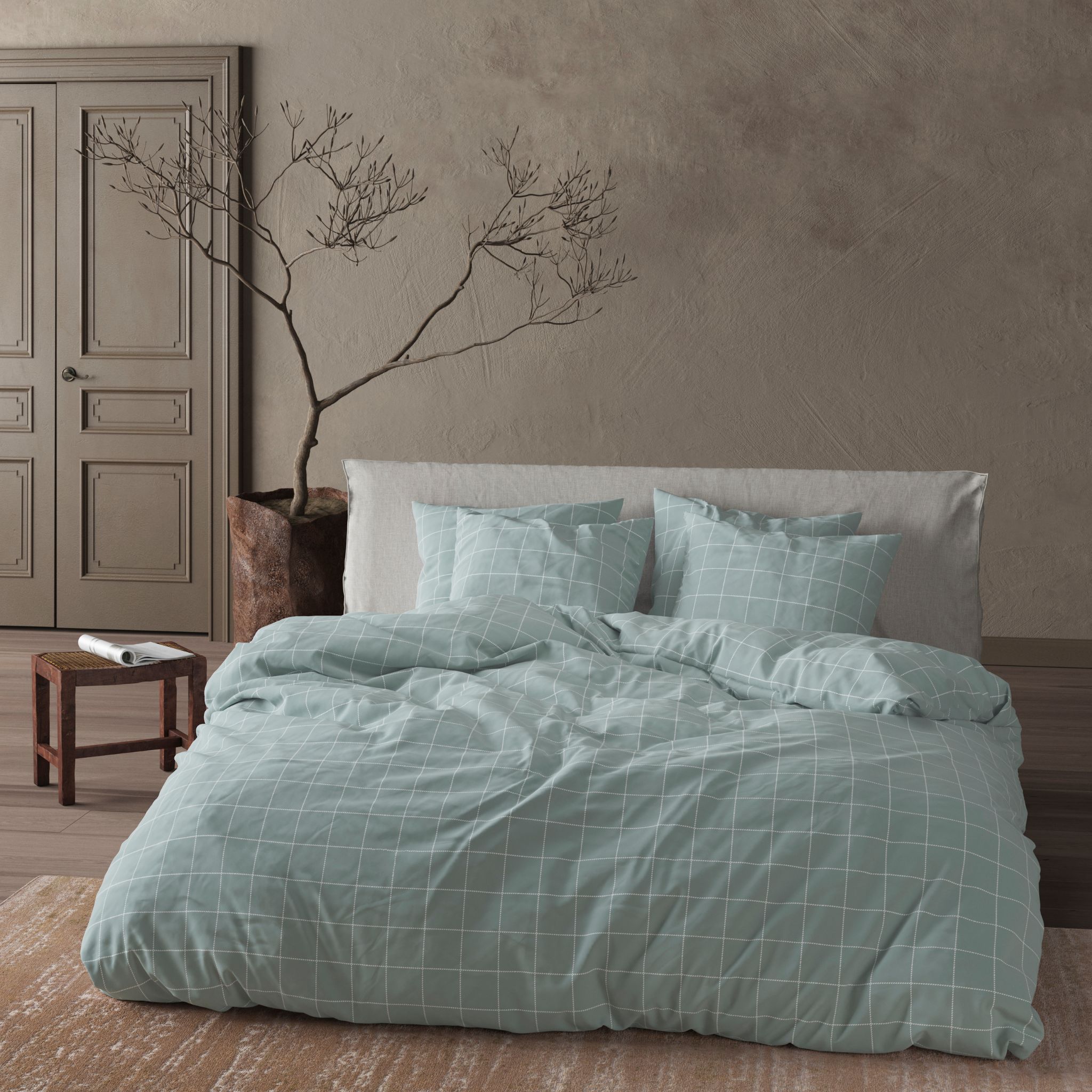 Parure de lit 140x200 coton à carreaux vert Terre de Nuit Oslo