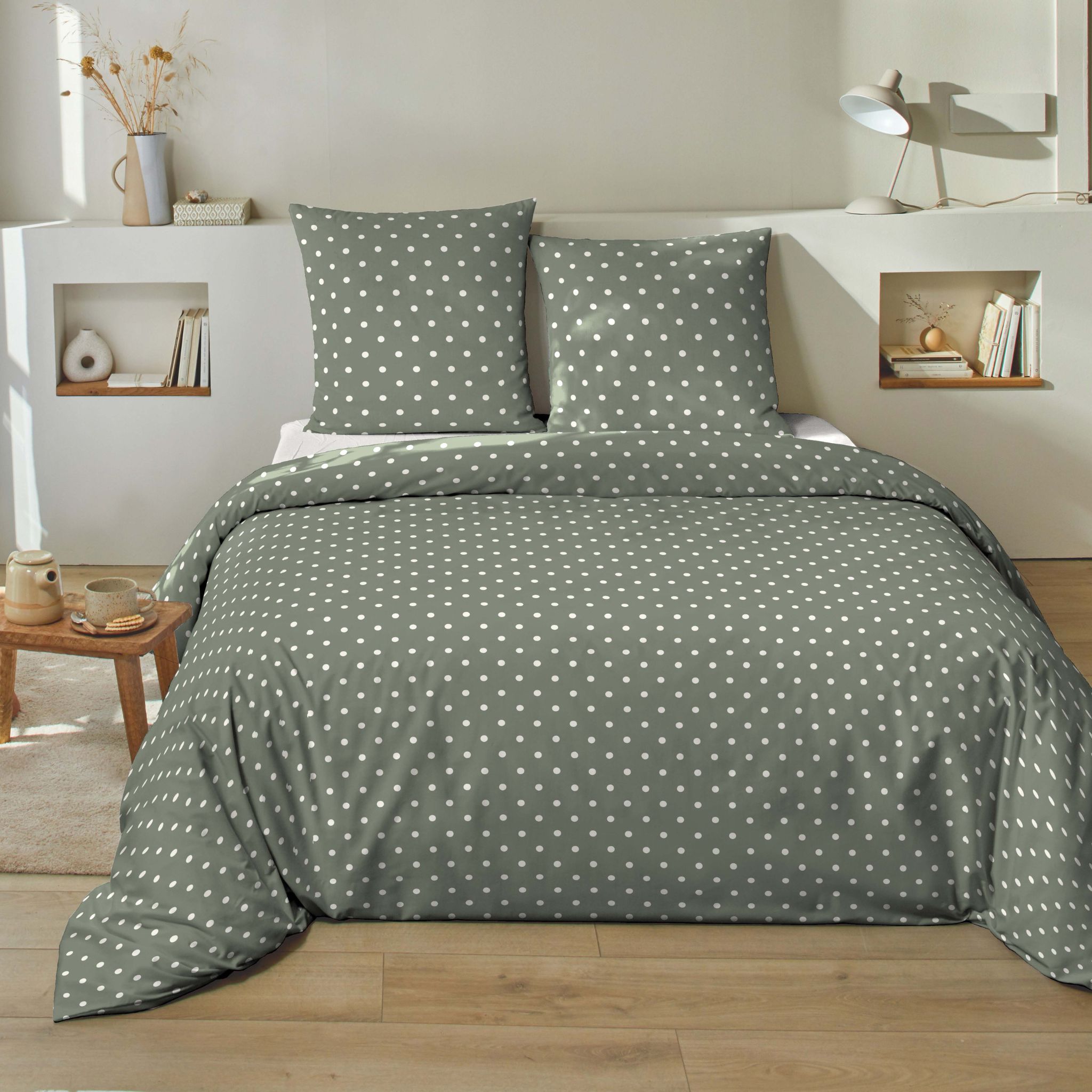 Parure de lit 240x220 coton pois vert Terre de Nuit Perle