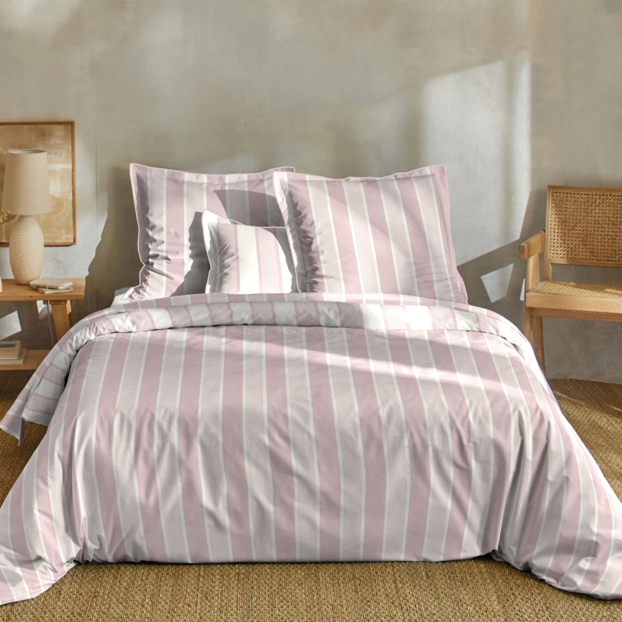 Parure de lit 240x220 coton rayure rose Terre de Nuit Rosalie