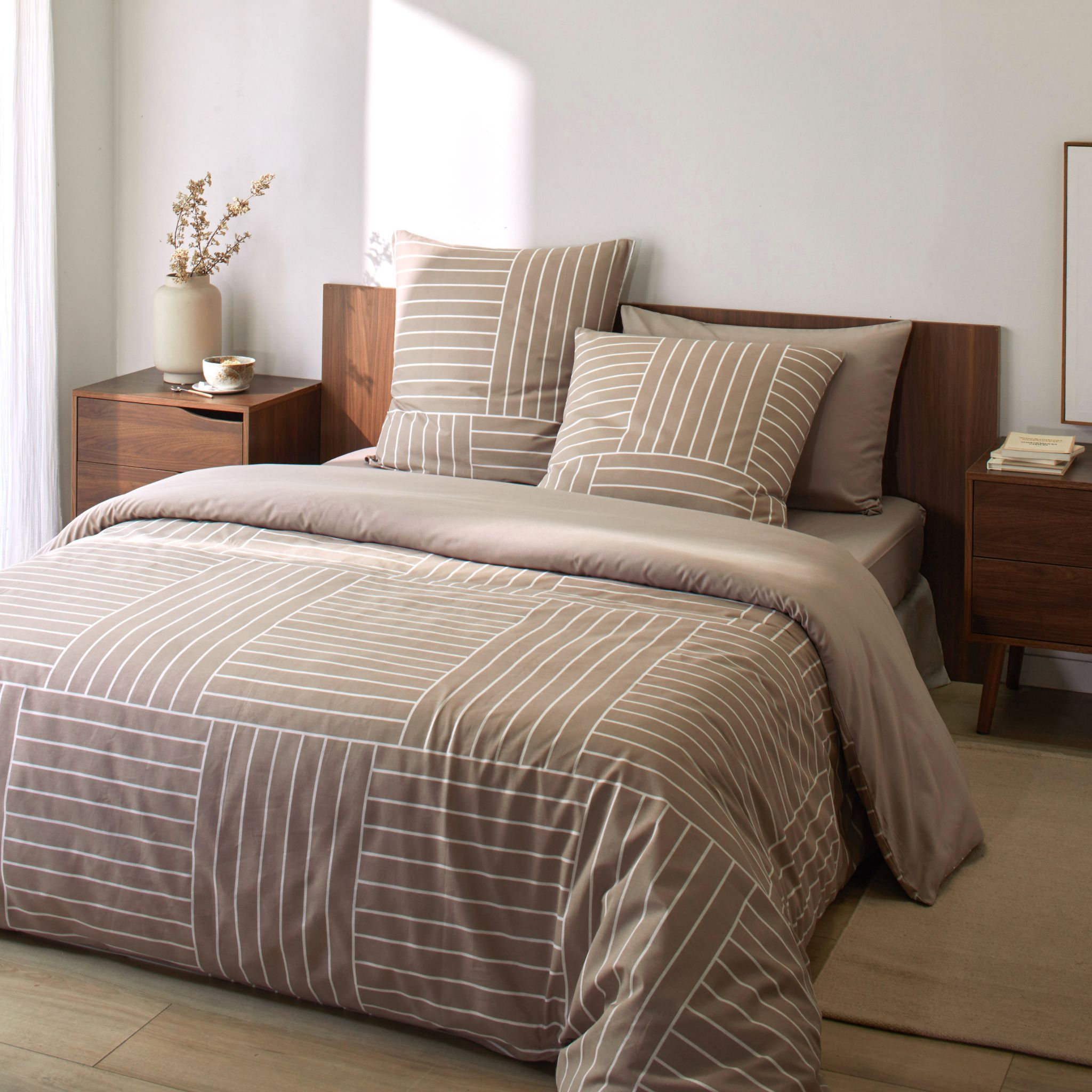 Parure de lit 140x200 coton taupe Terre de Nuit Tess