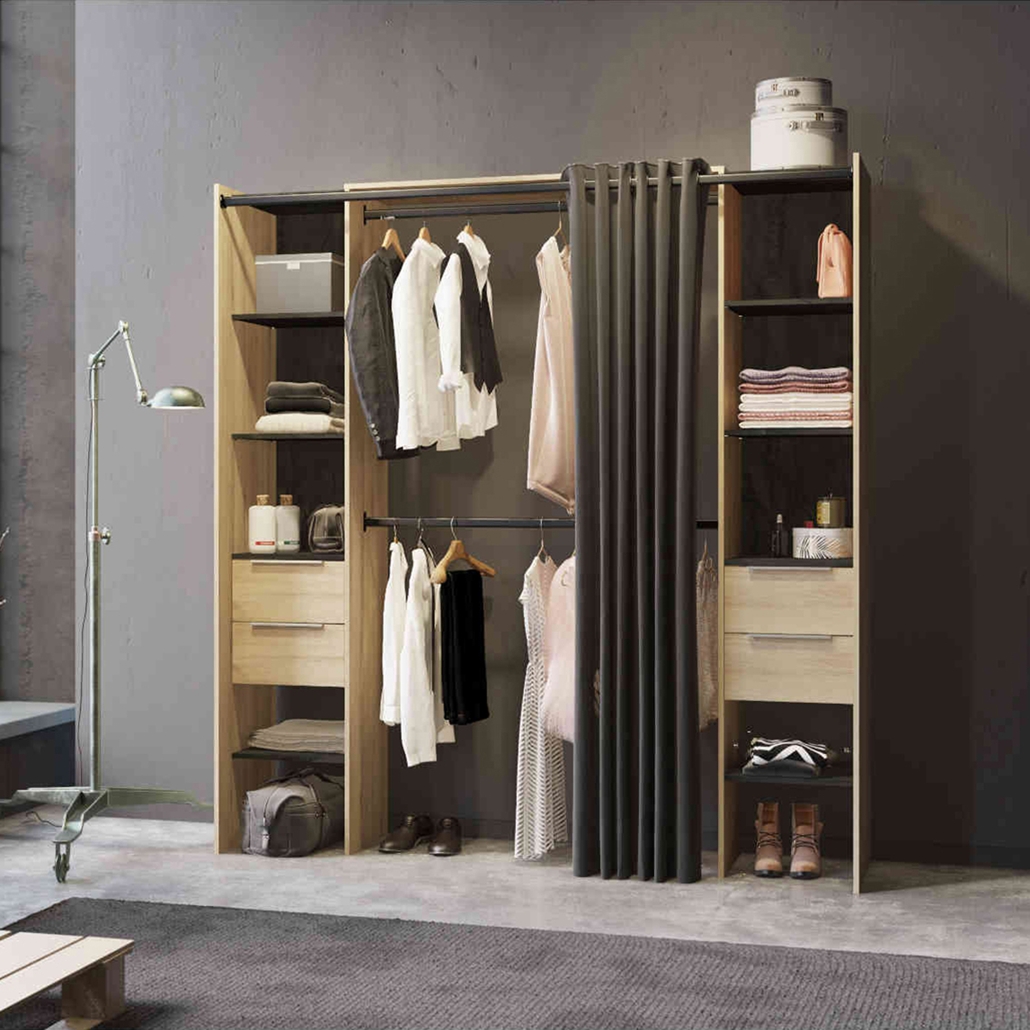 Dressing ouvert avec rideau, extensible en bois imitation chêne kronberg - DR185