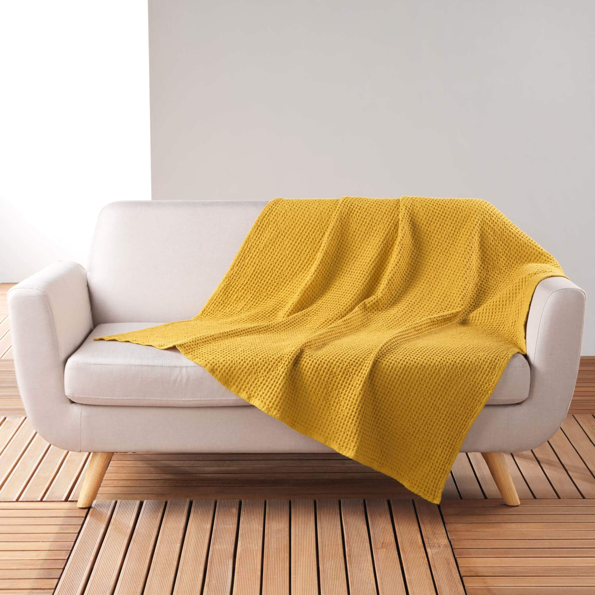 Plaid gaufrette en coton uni 125x150 cm jaune