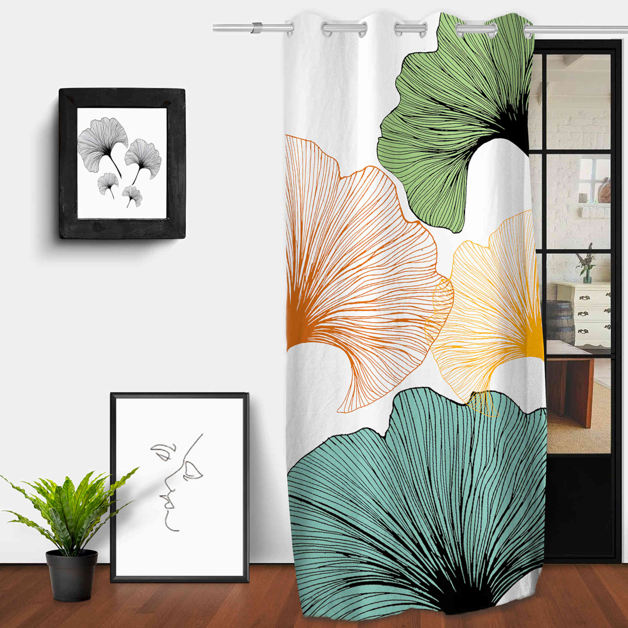 Rideau à œillets Ginkgo imprimé placé 132x250 cm