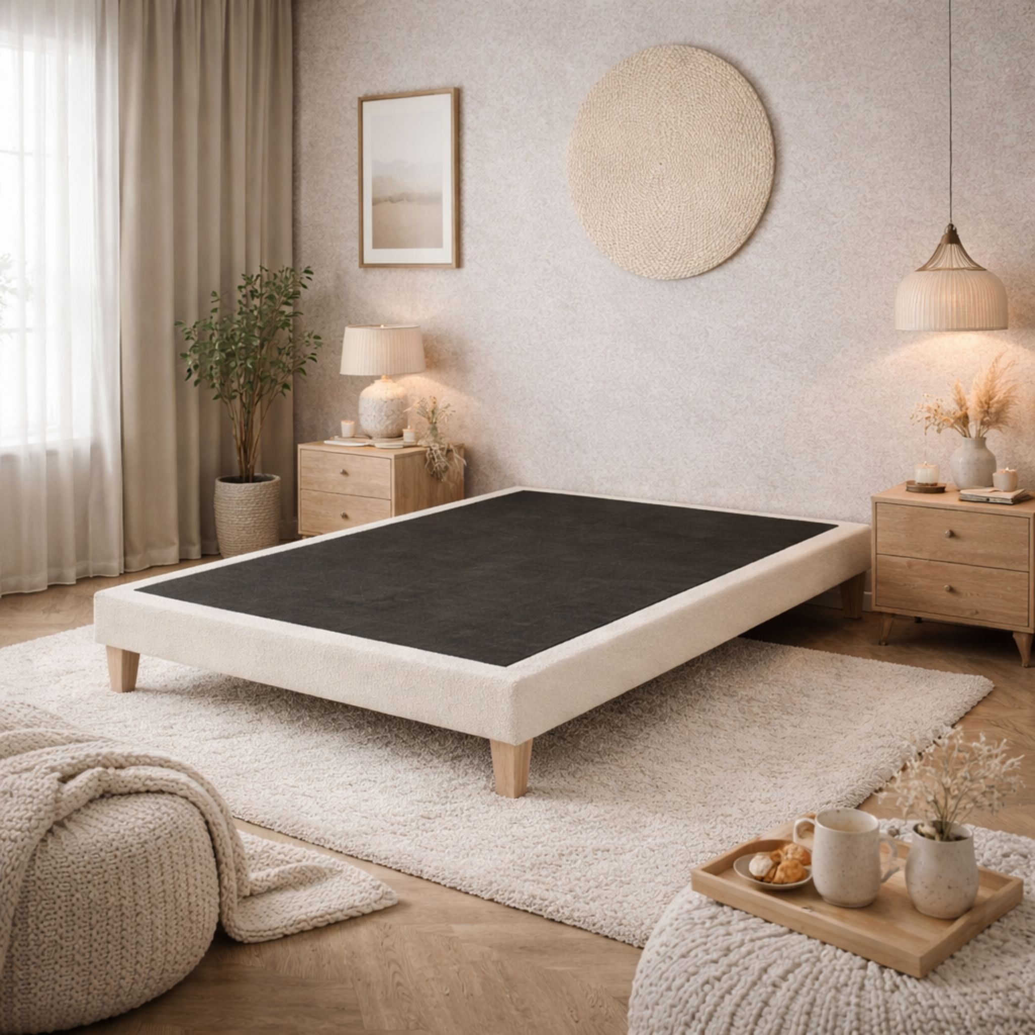 Sommier déco tapissier en tissu bouclette Nuage 120x200 Blanc Écume