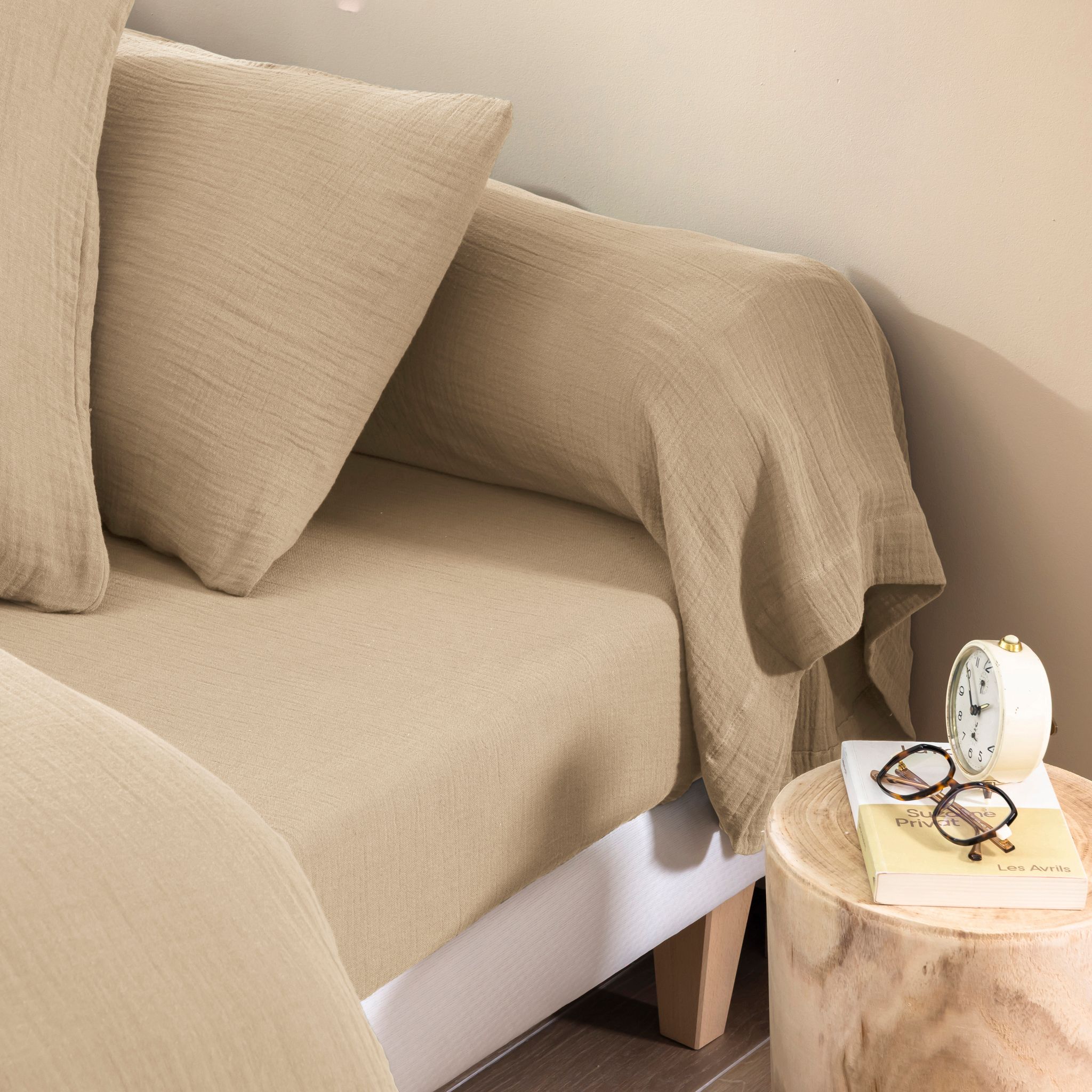 Taie de traversin 43x115 gaze de coton beige Terre de Nuit NOA