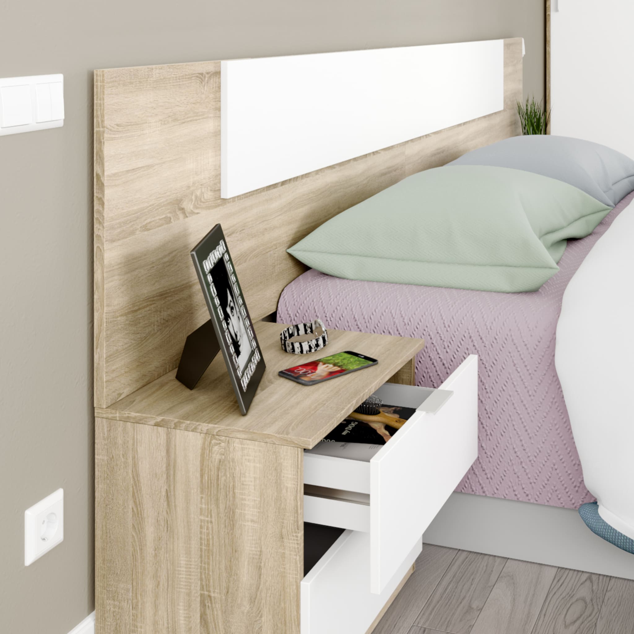 Tête de lit 140 cm avec 2 chevets amovibles et 2 tiroirs - Blanc et chêne - TL81016