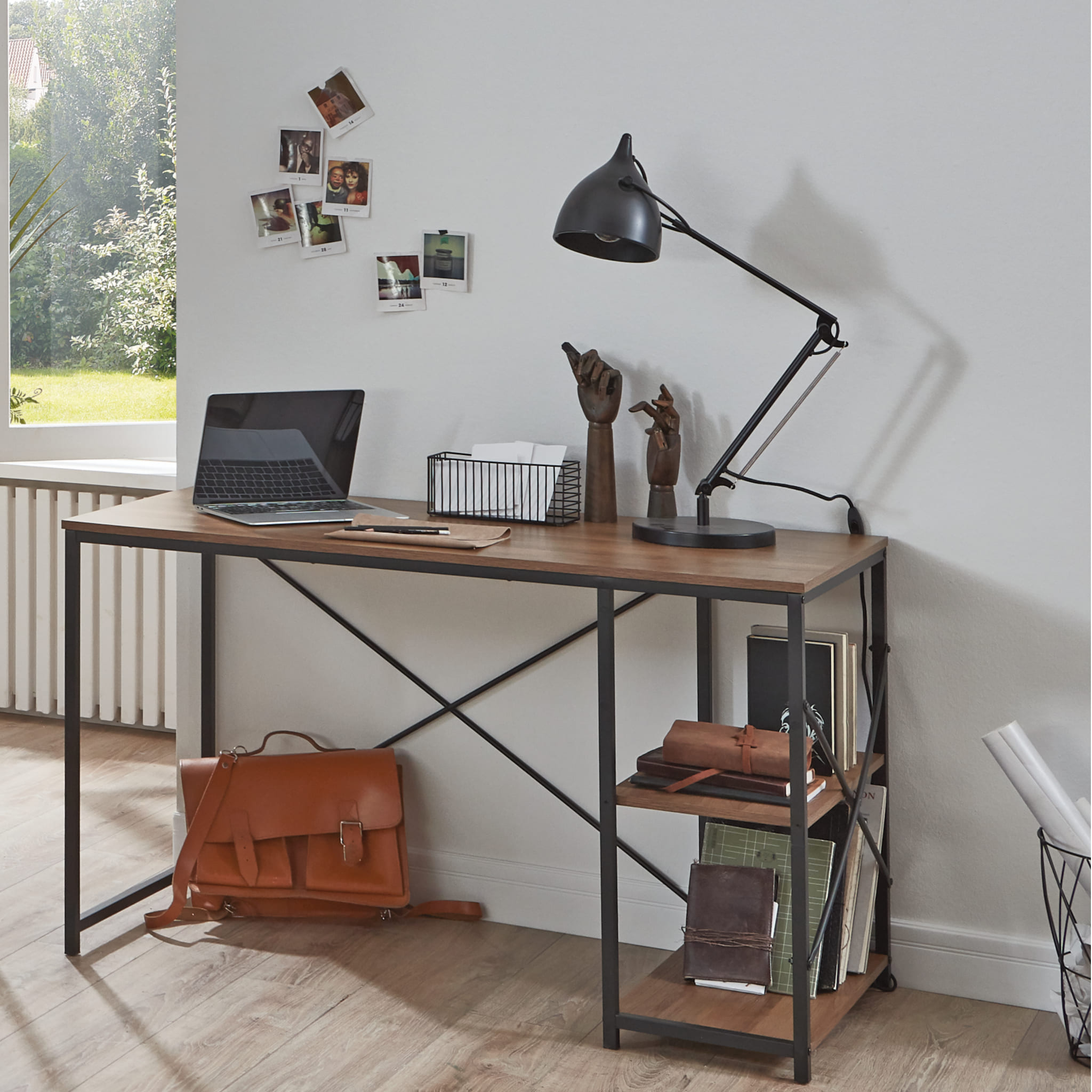 Bureau 2 niches en bois foncé et en métal noir laqué - BU15050