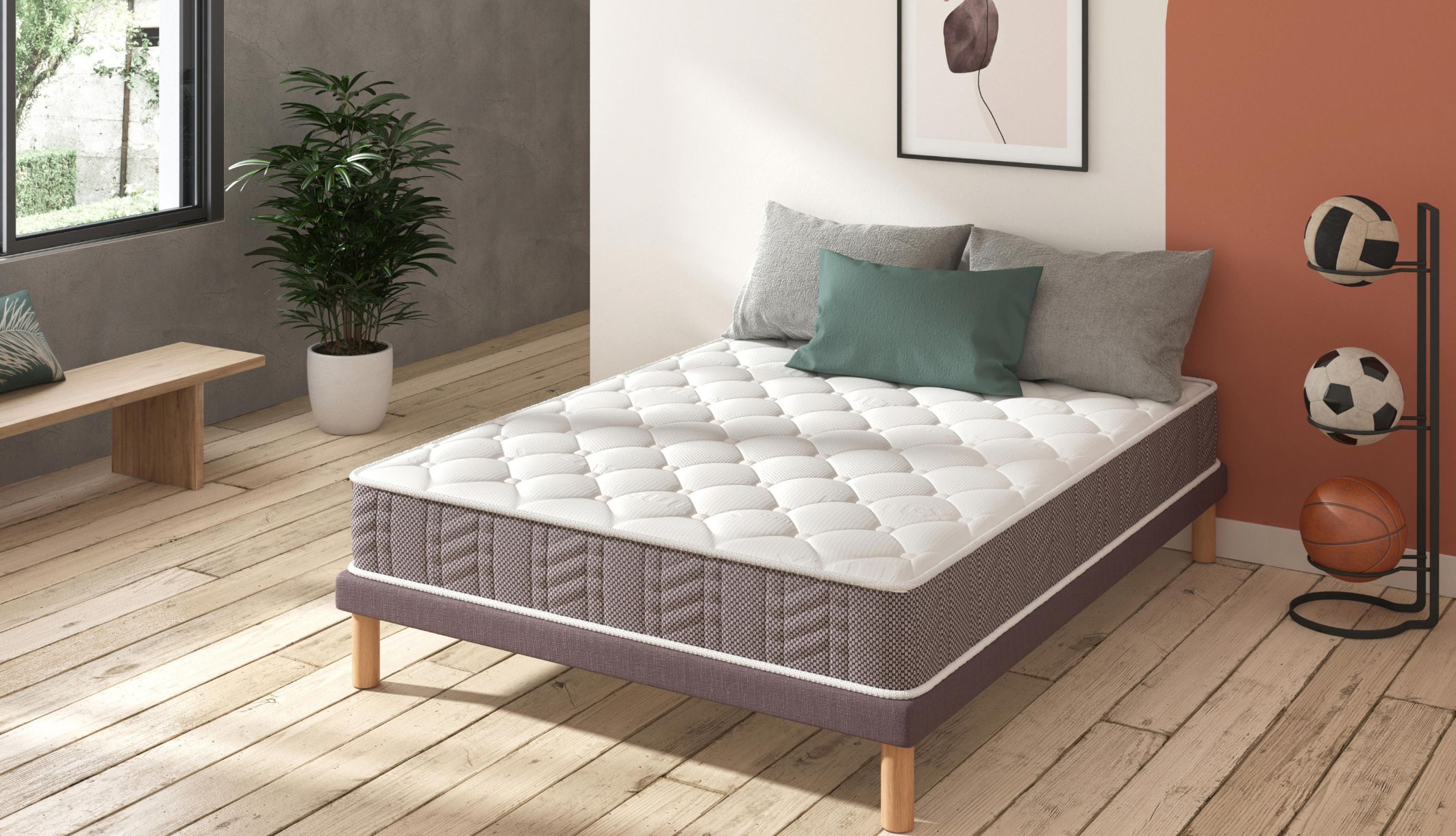 Matelas Bultex CYBER installé sur un sommier extra-plat dans une chambre au look moderne