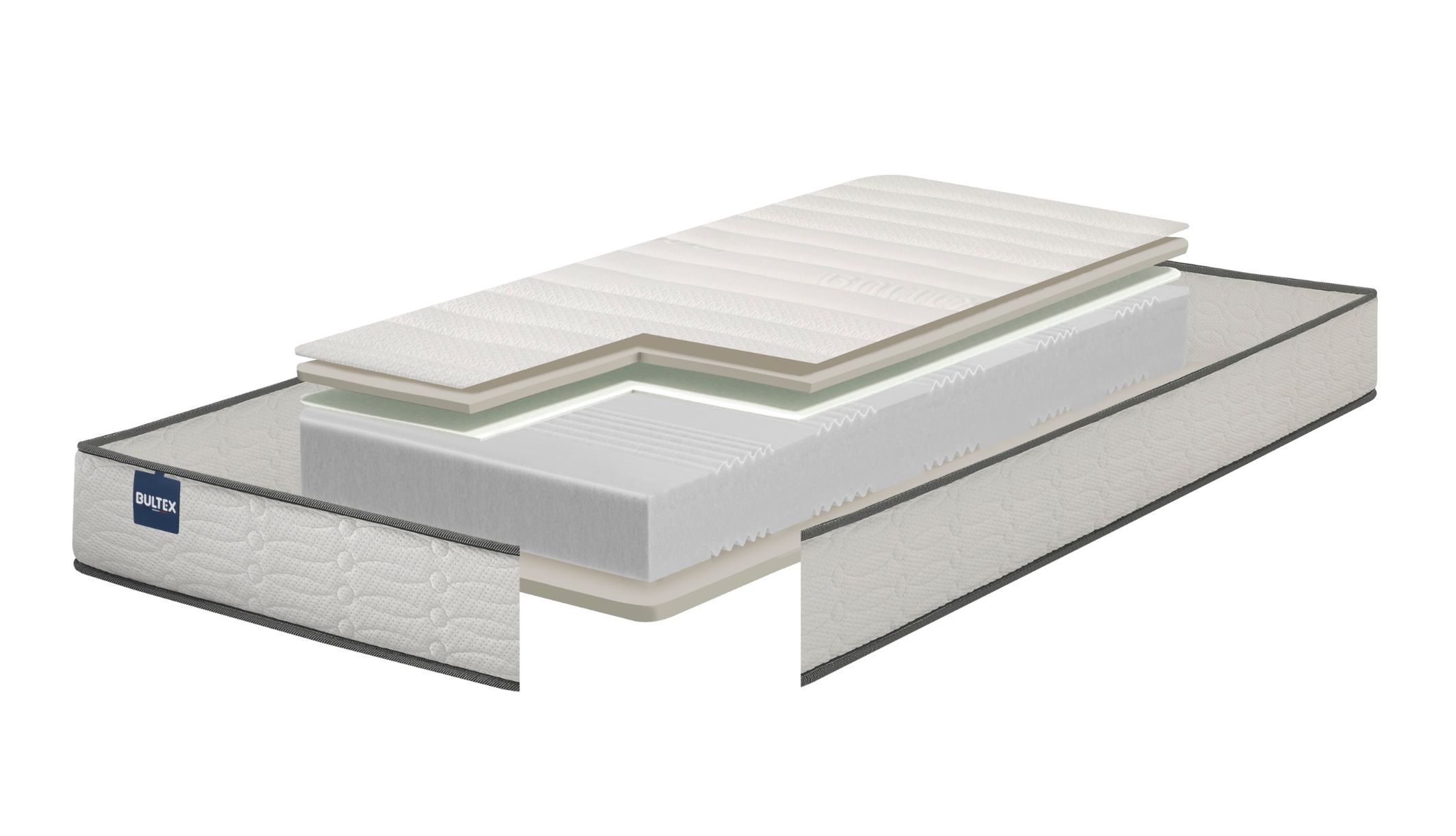 Vue éclatée détaillant les couches de mousse du matelas Bultex pour lit électrique.