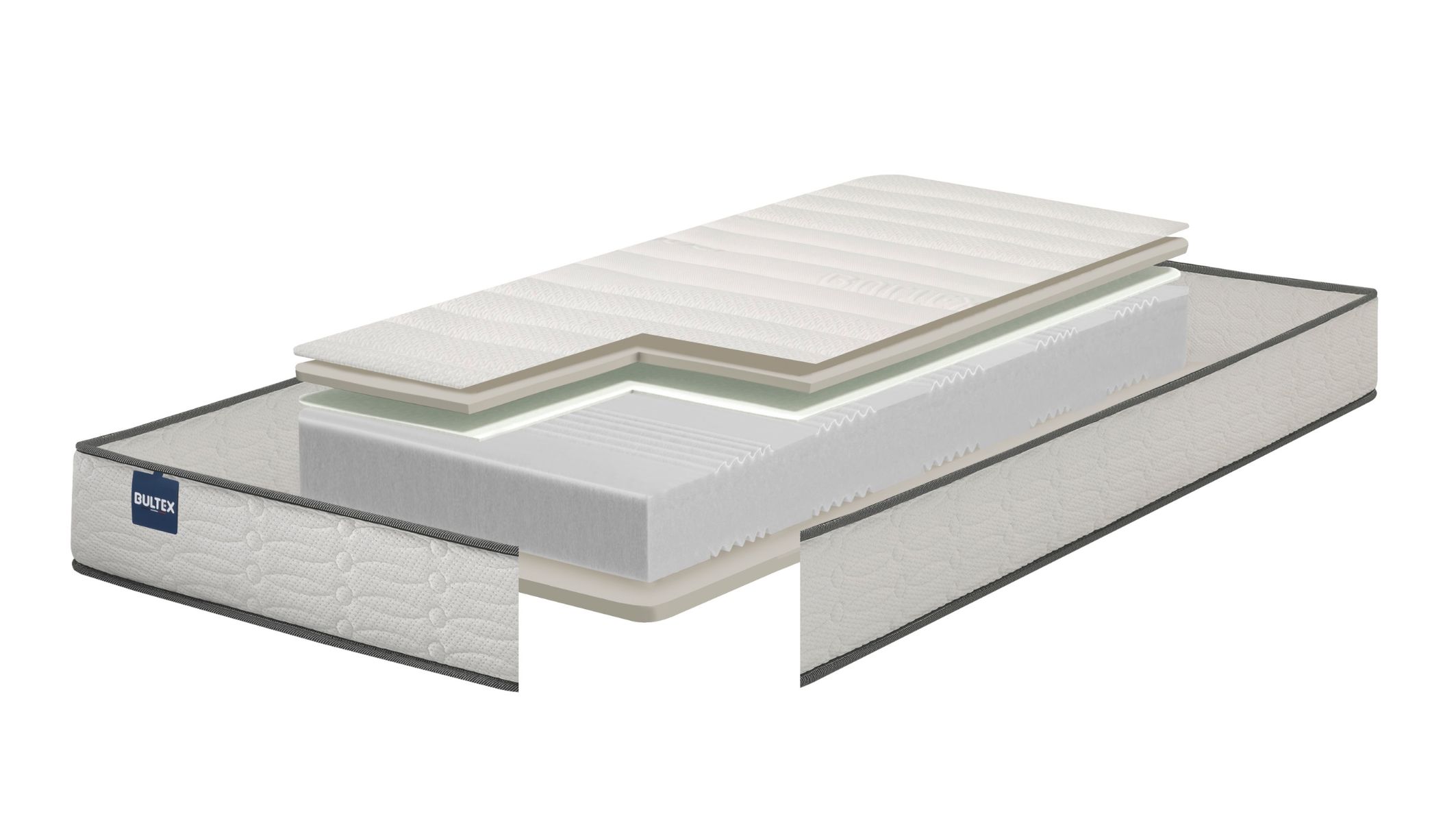 Vue éclatée détaillant les couches de mousse du matelas Bultex pour lit électrique.