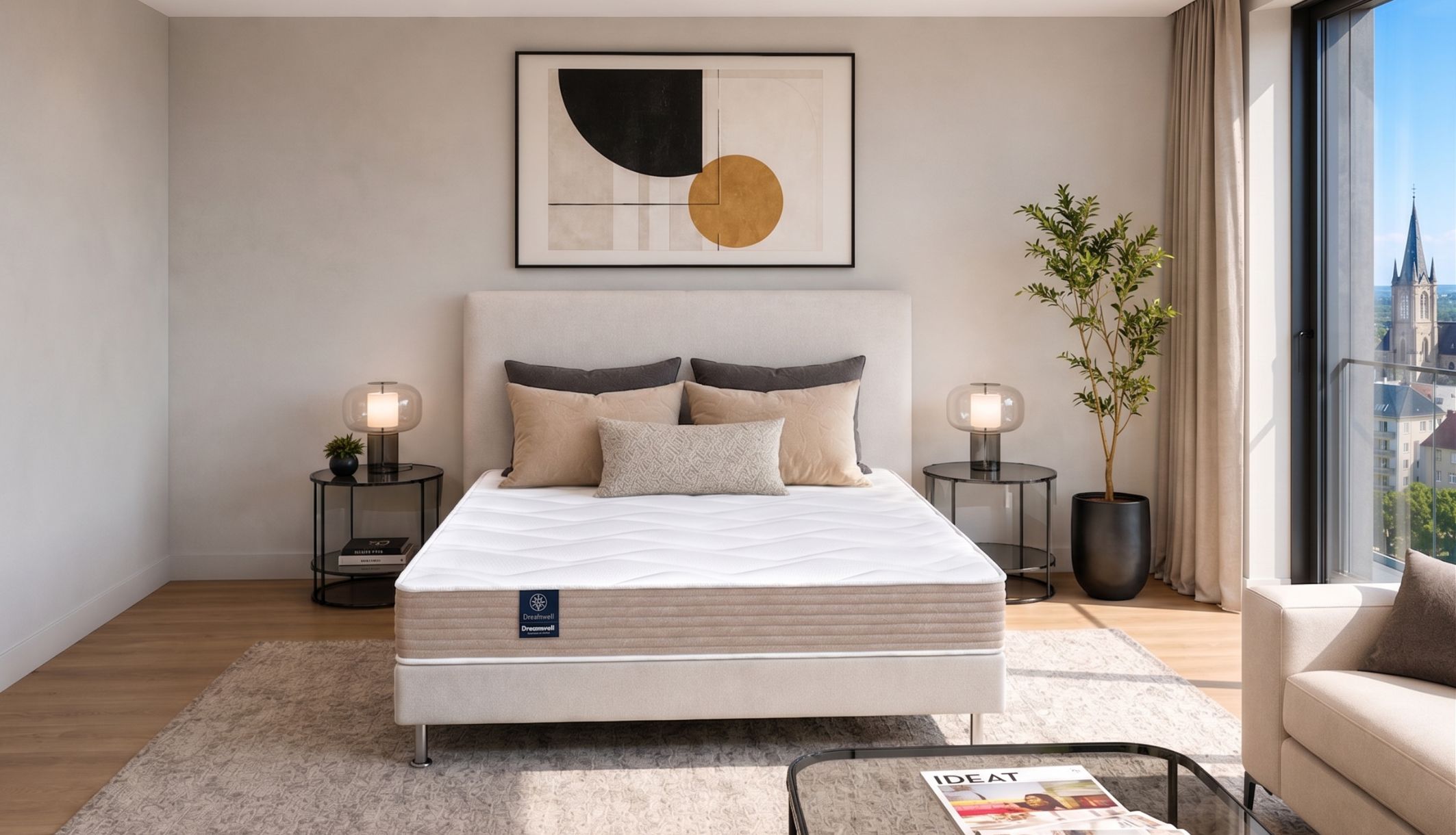 Matelas mousse HR ferme Dunlopillo Camélia installé dans une chambre moderne