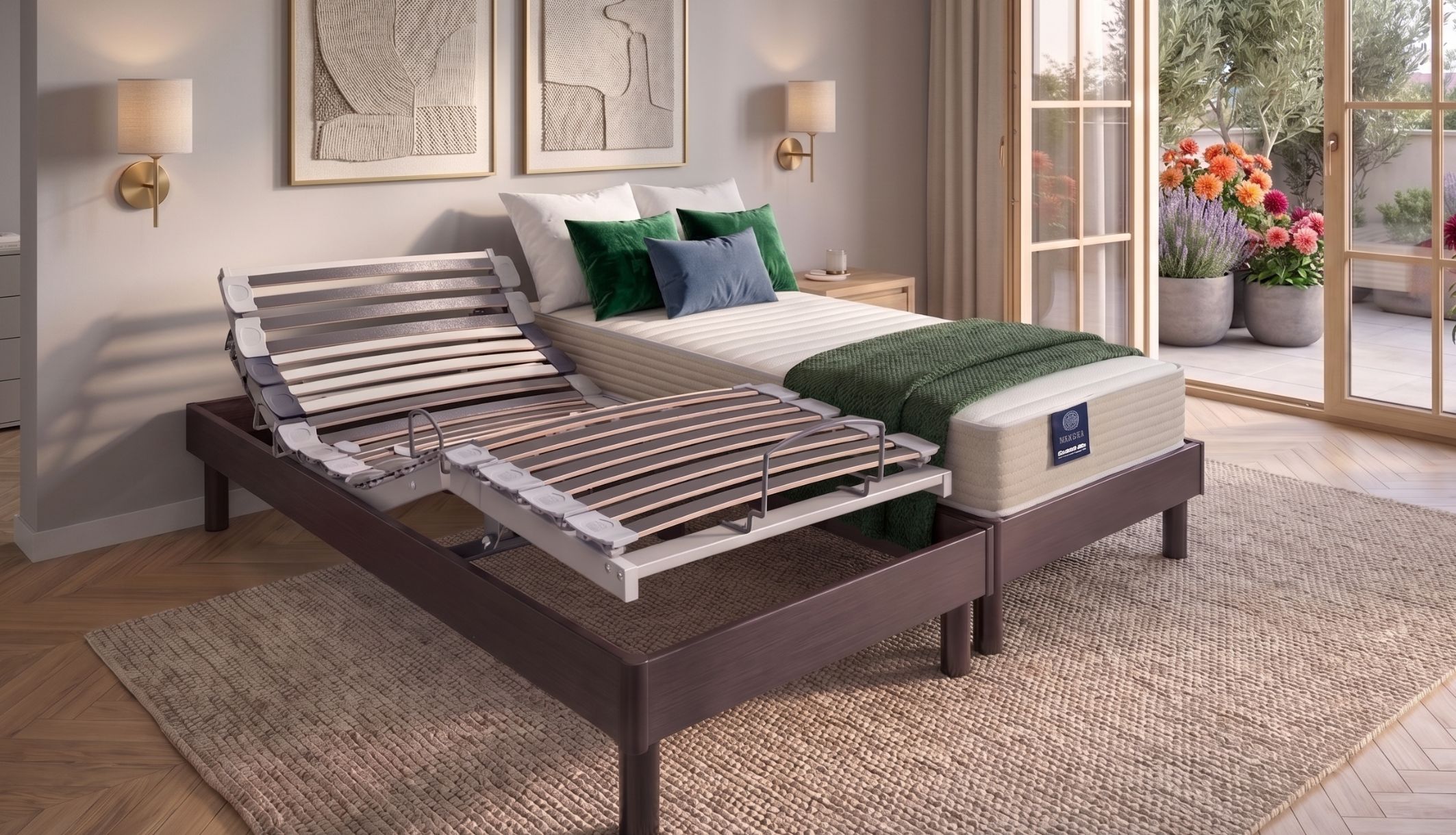 Matelas de relaxation en latex 7 zones installé sur un sommier électrique