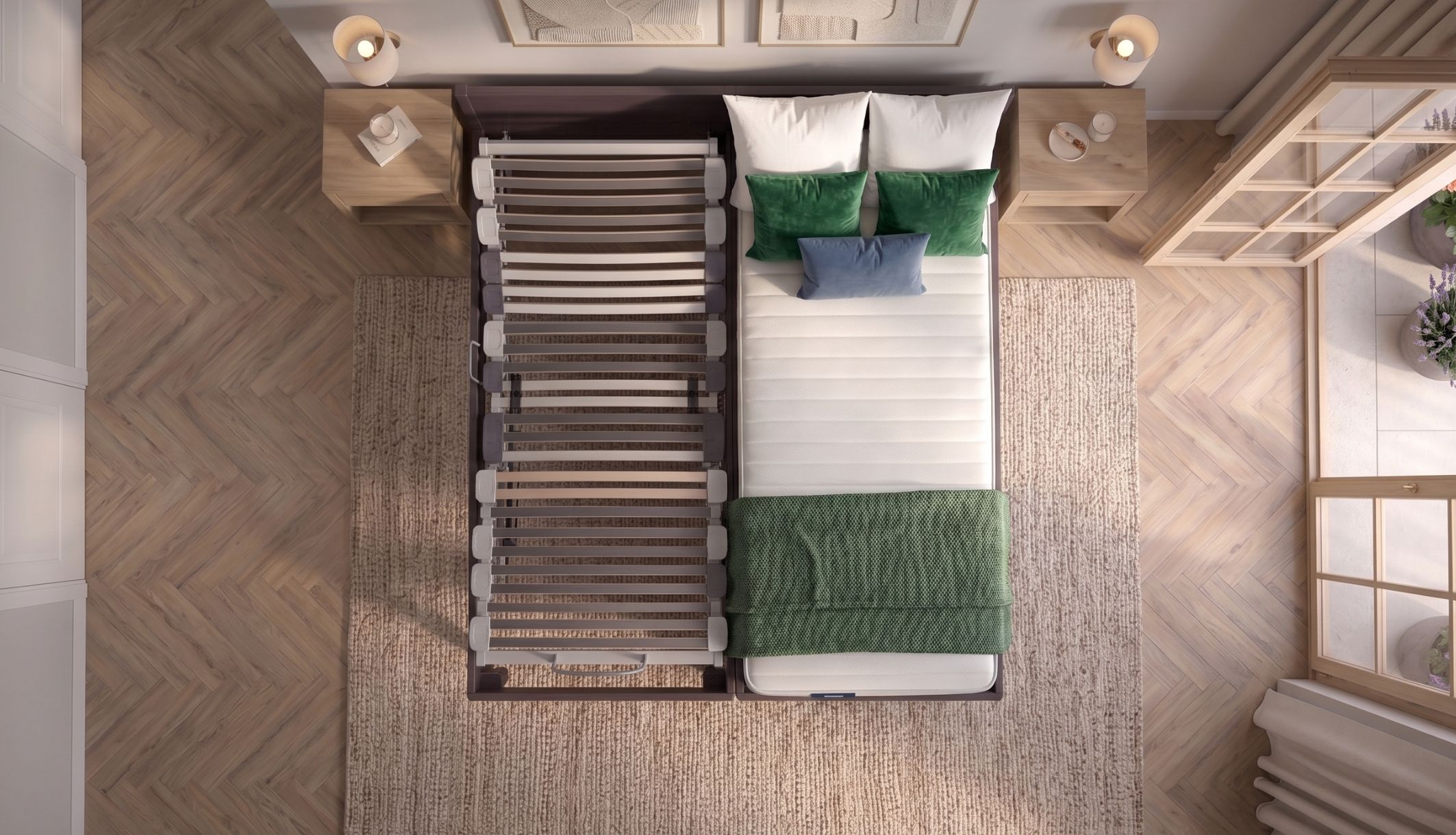 Vue aérienne d’un matelas relaxation sur lit électrique à sommier articulé