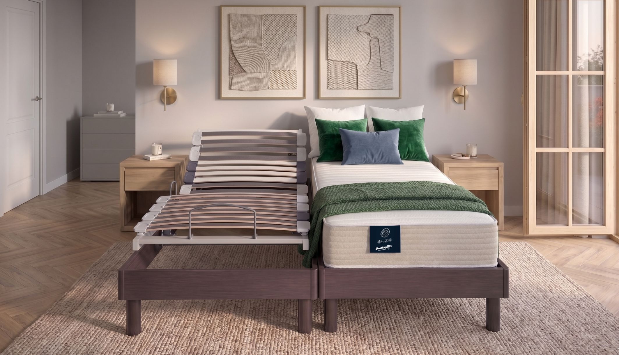 Matelas TPR Dunlopillo Dahlia 2 avec sommier électrique relevé en chambre