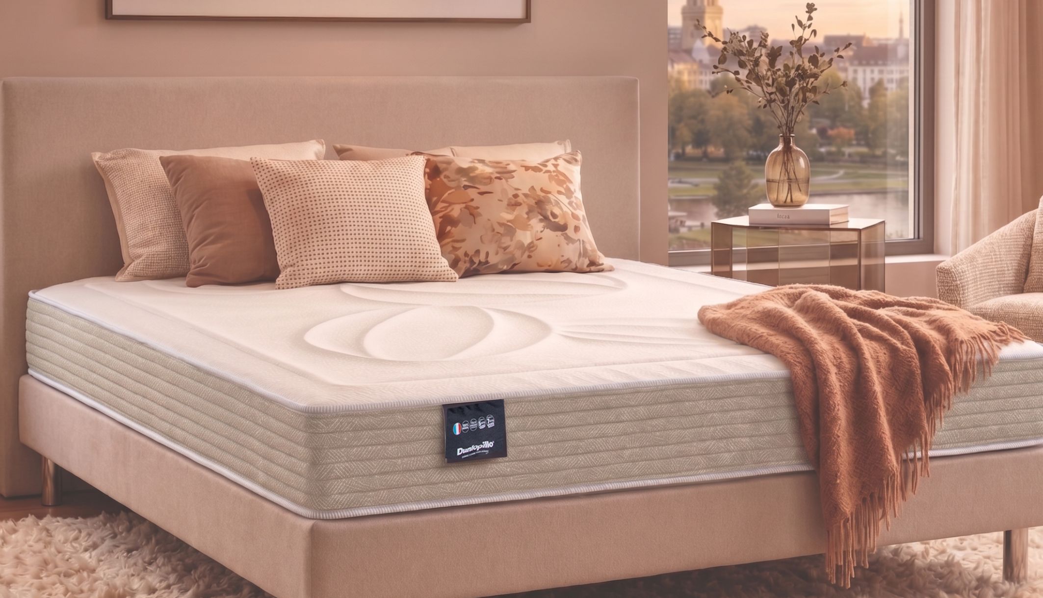 Matelas latex naturel ferme Dunlopillo Hortense 2, vue de trois quarts dans une chambre chaleureuse.