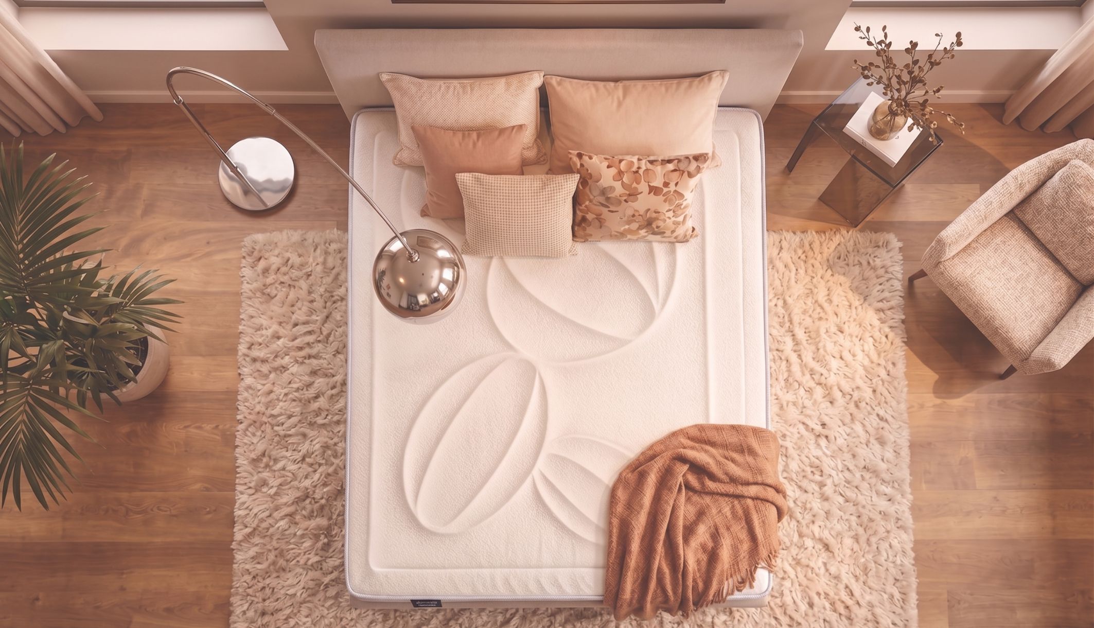 Vue plongeante sur le matelas latex Dunlopillo avec parure de lit et motifs du coutil.