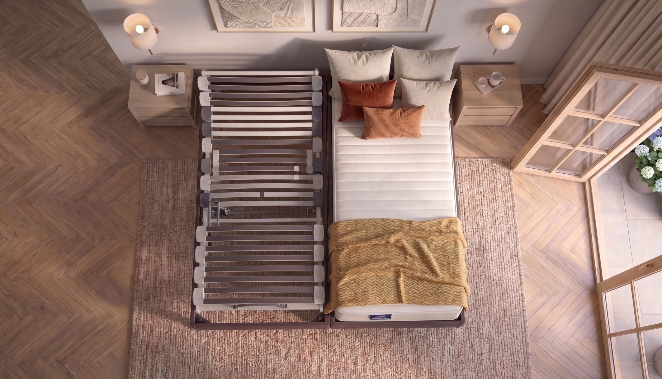 Vue aérienne d’un matelas relaxation latex ferme sur lit électrique