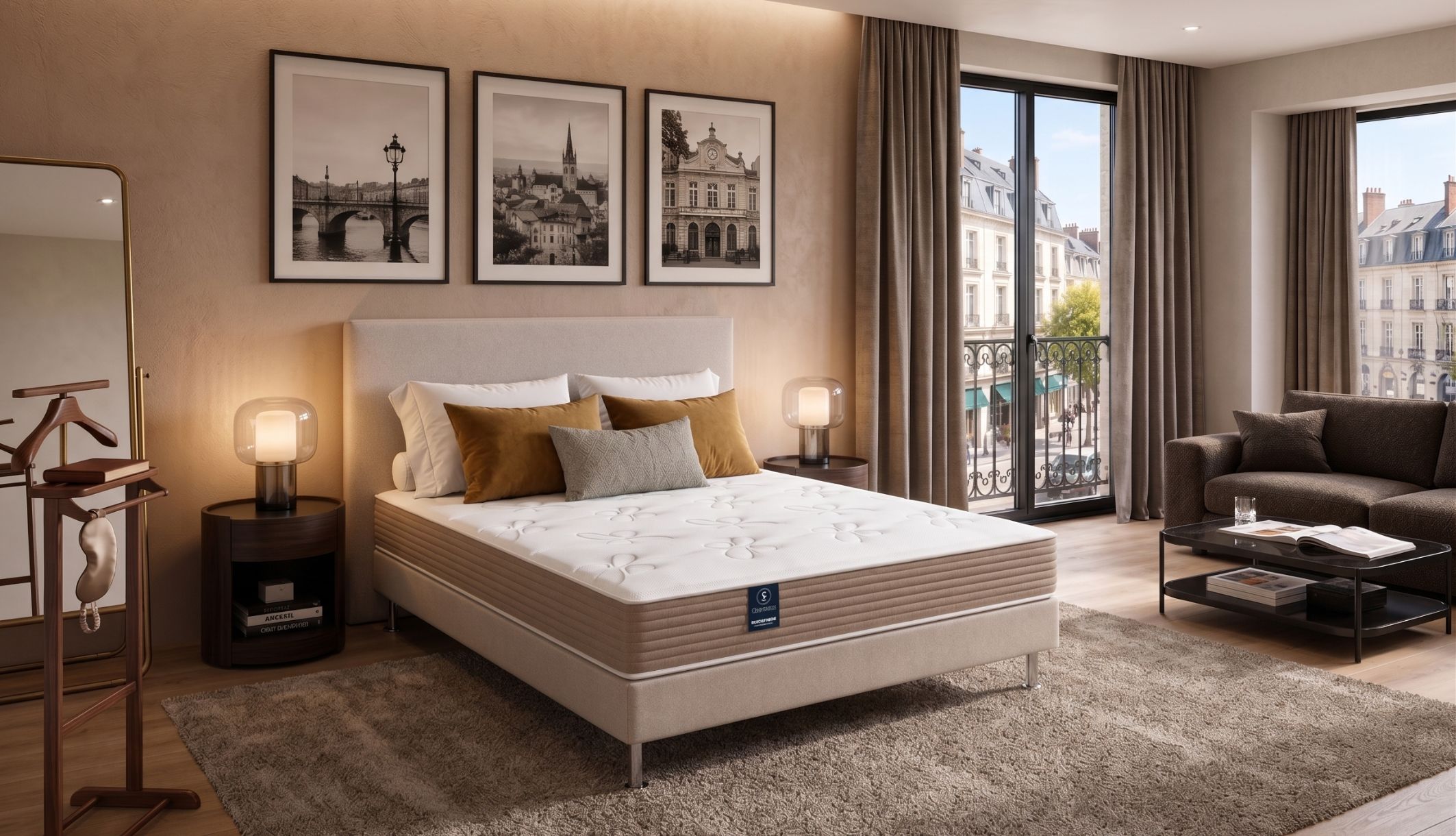 Matelas en ressorts ensachés Jasmin de Dunlopillo installé sur un sommier tapissier dans une chambre parentale.