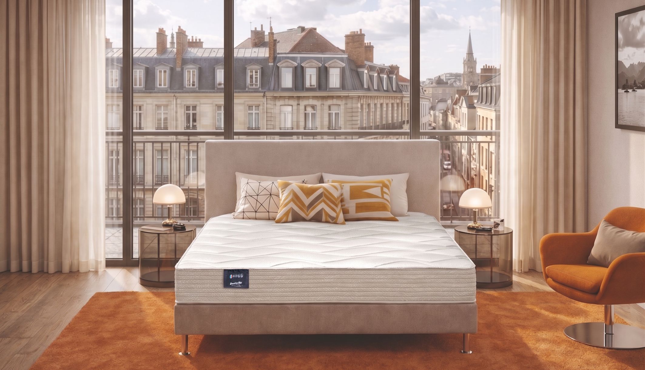 Matelas mousse HR ferme Dunlopillo Jonquille 2 installé face à une grande fenêtre parisienne.