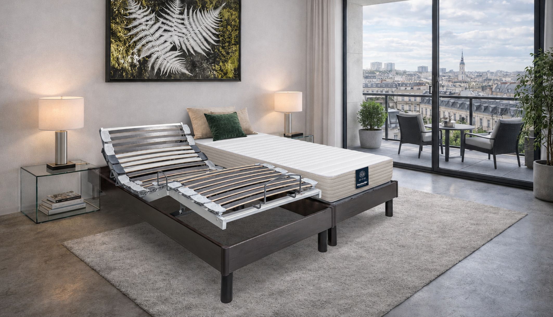 Matelas pour lit électrique mousse HR Dunlopillo Jonquille 2 installé sur un sommier de relaxation.