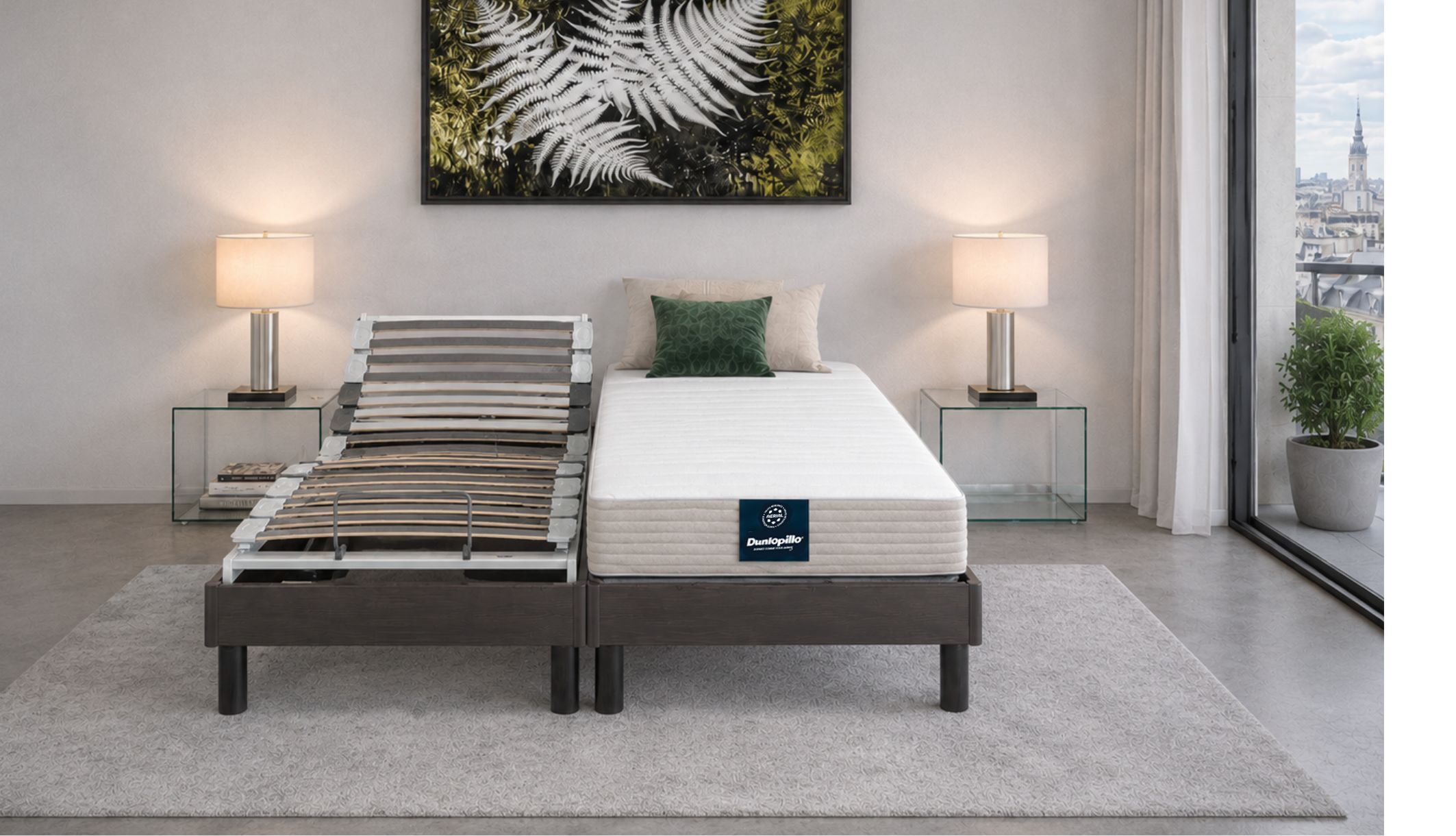 Lit électrique avec sommier à lattes relevé et matelas relaxation Dunlopillo Jonquille 2.
