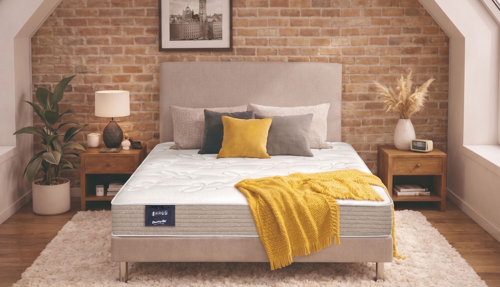 Matelas latex 20% naturel ferme Dunlopillo Lavande 2, vue de face dans une chambre.