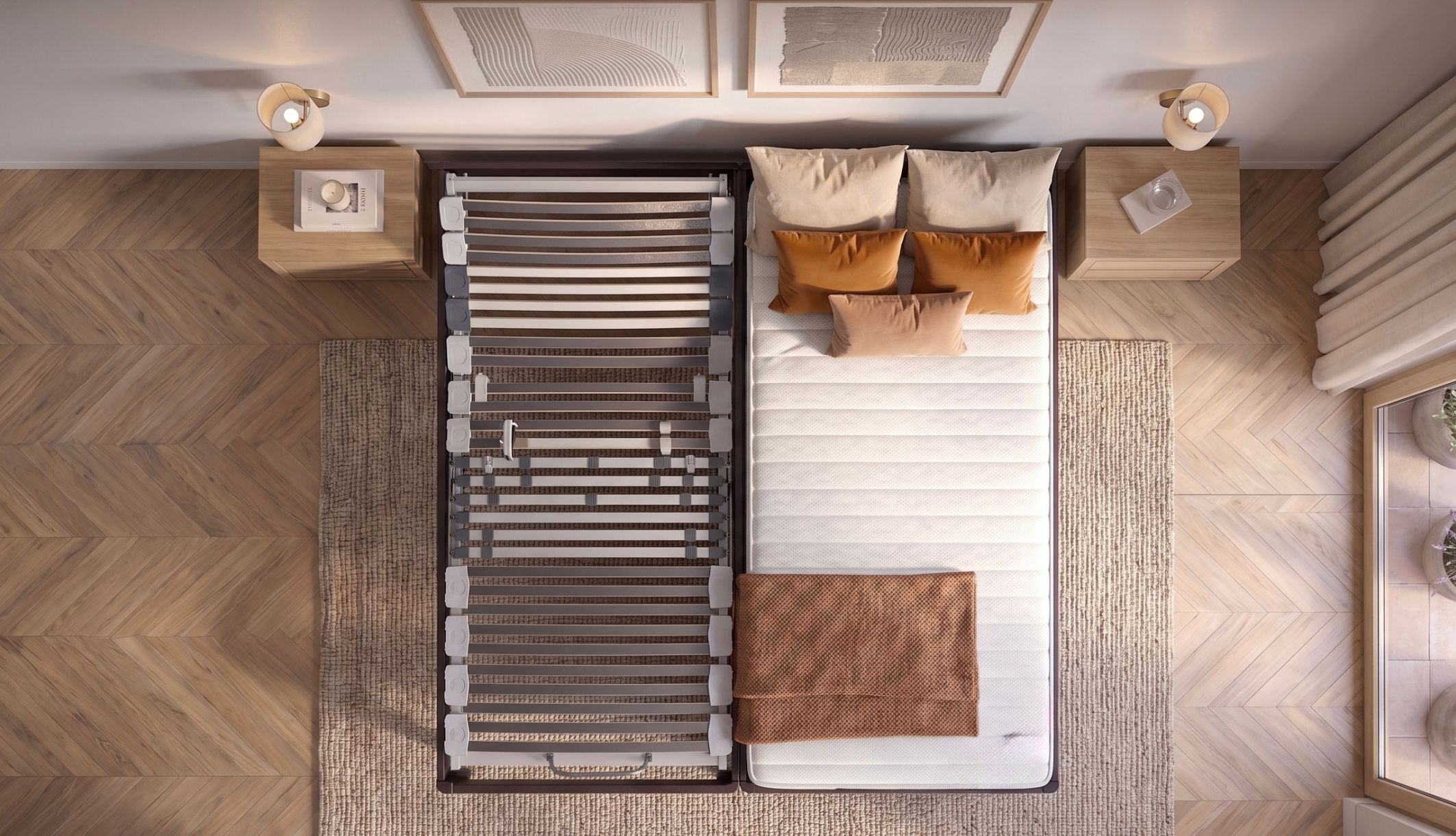 Vue de dessus de l&#039;ensemble matelas pour sommier électrique en latex Dunlopillo Lavande 2