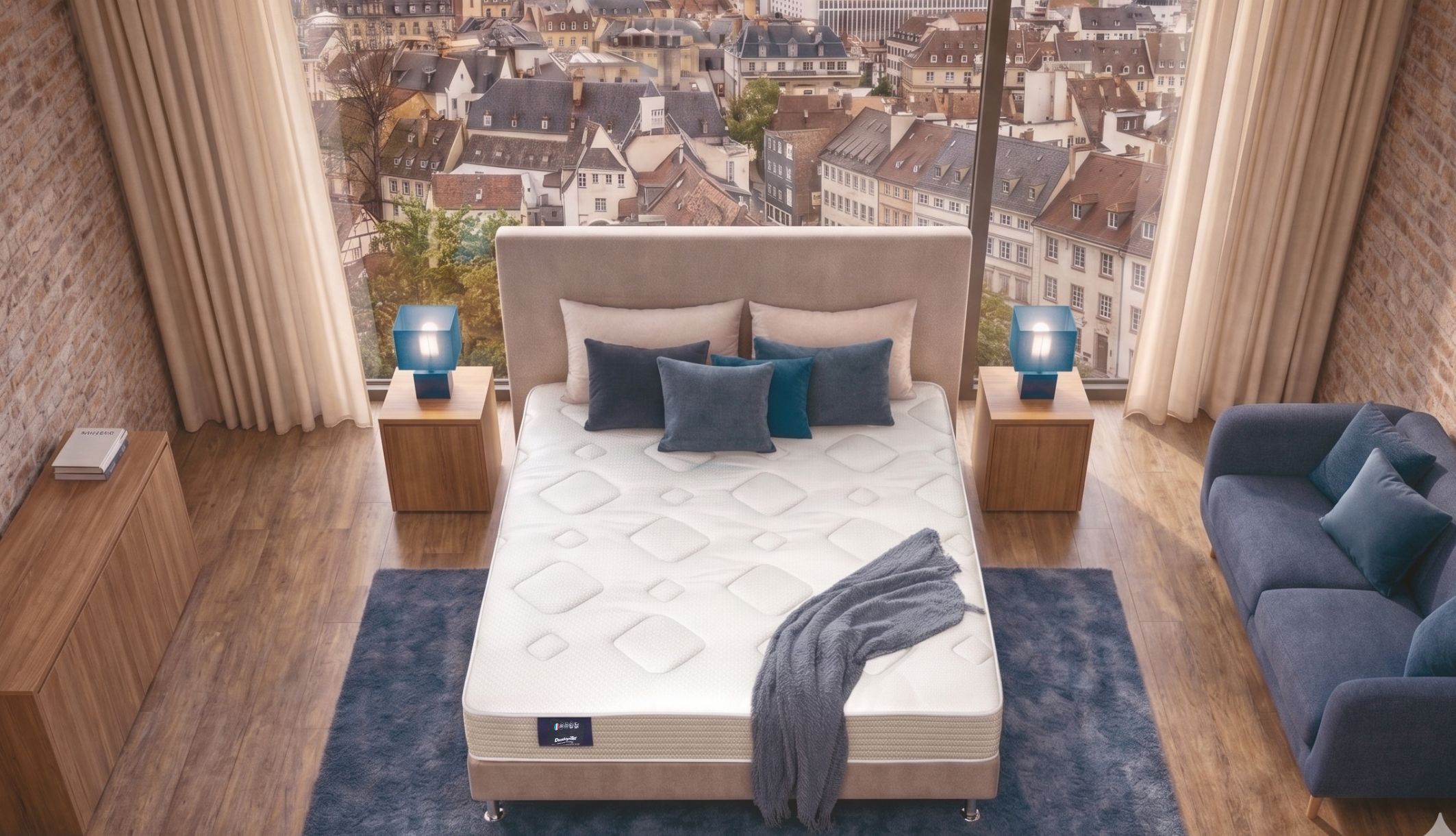 Vue de dessus d&#039;un lit équipé du matelas ferme Dunlopillo dans une chambre lumineuse.