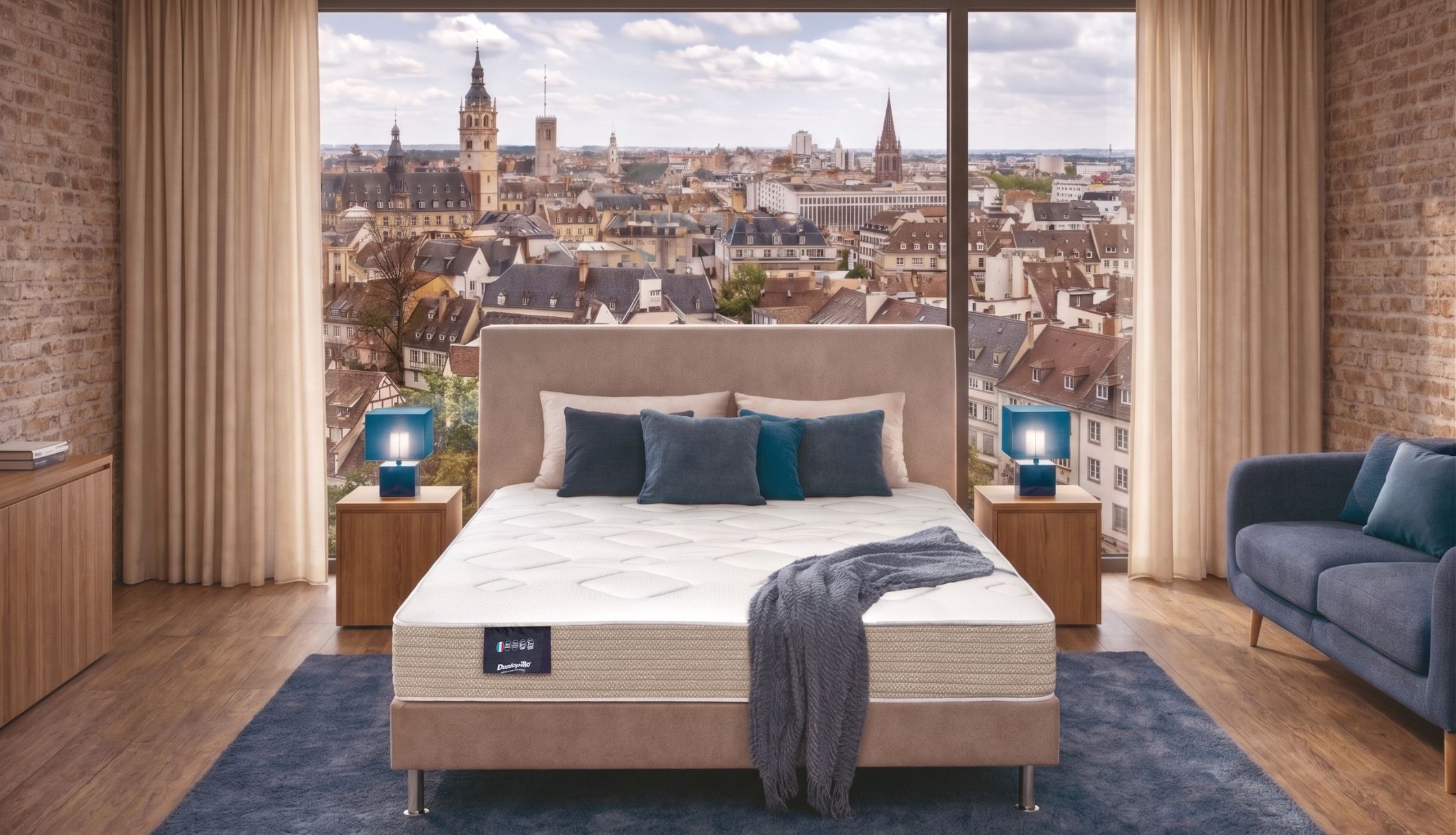 Lit avec matelas ferme en mousse Dunlopillo Lilas 2 installé face à une grande baie vitrée.