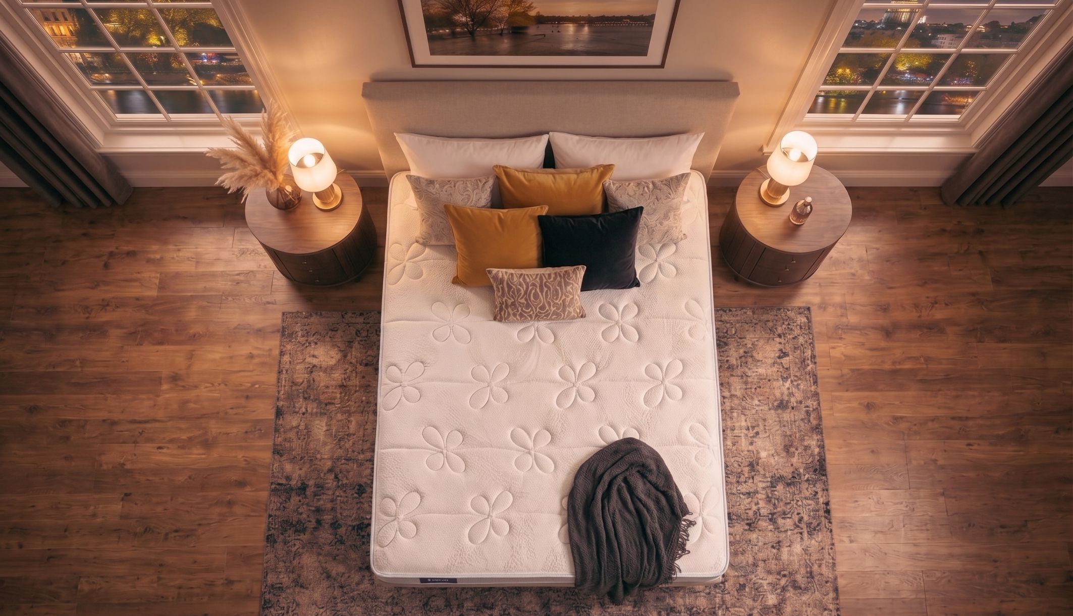 Vue aérienne du matelas Dunlopillo Mimosa avec ressorts ensachés dans une chambre chic éclairée par des lampes.