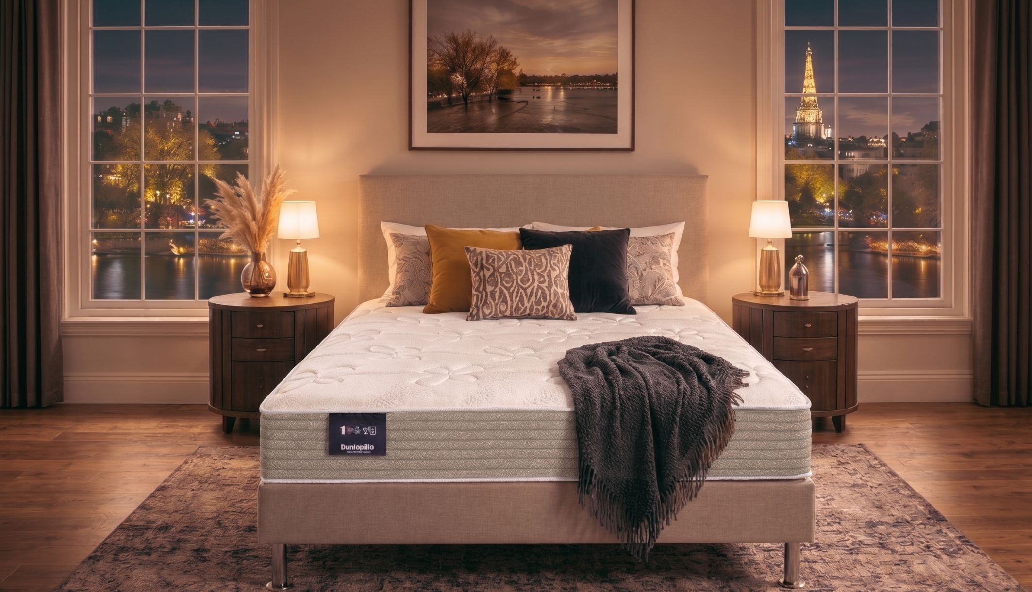 Lit complet avec sommier et matelas ressorts ferme Dunlopillo Mimosa devant une fenêtre avec vue sur Paris.