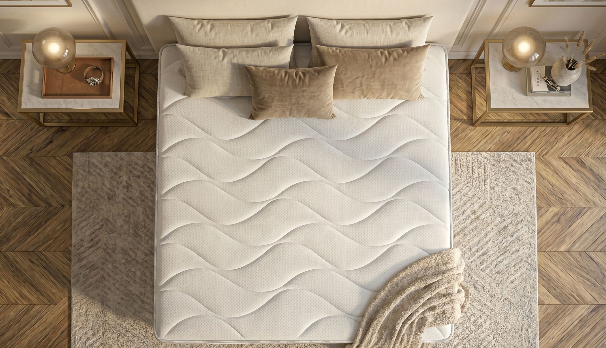 Vue de dessus du matelas mousse Dunlopillo mettant en valeur son coutil aux motifs ondulés.