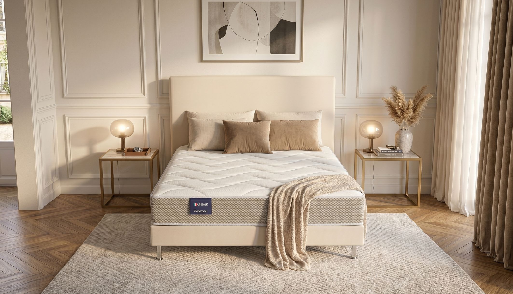 Matelas en mousse HR ferme Dunlopillo Tulipe 2 vu de face dans une chambre élégante.