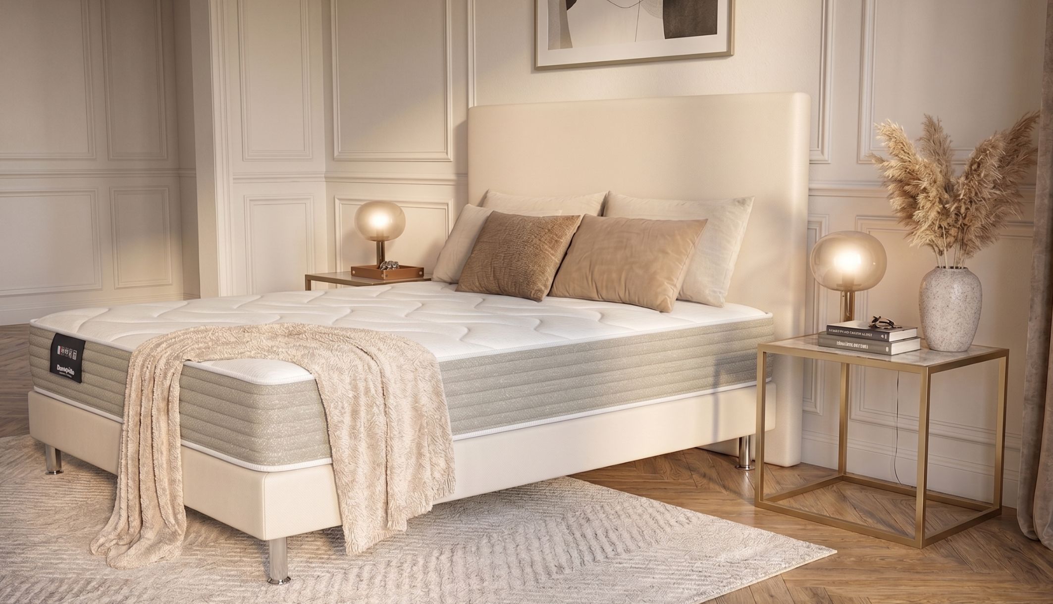Vue latérale de ce matelas Dunlopillo en mousse, illustrant son épaisseur sur un sommier.