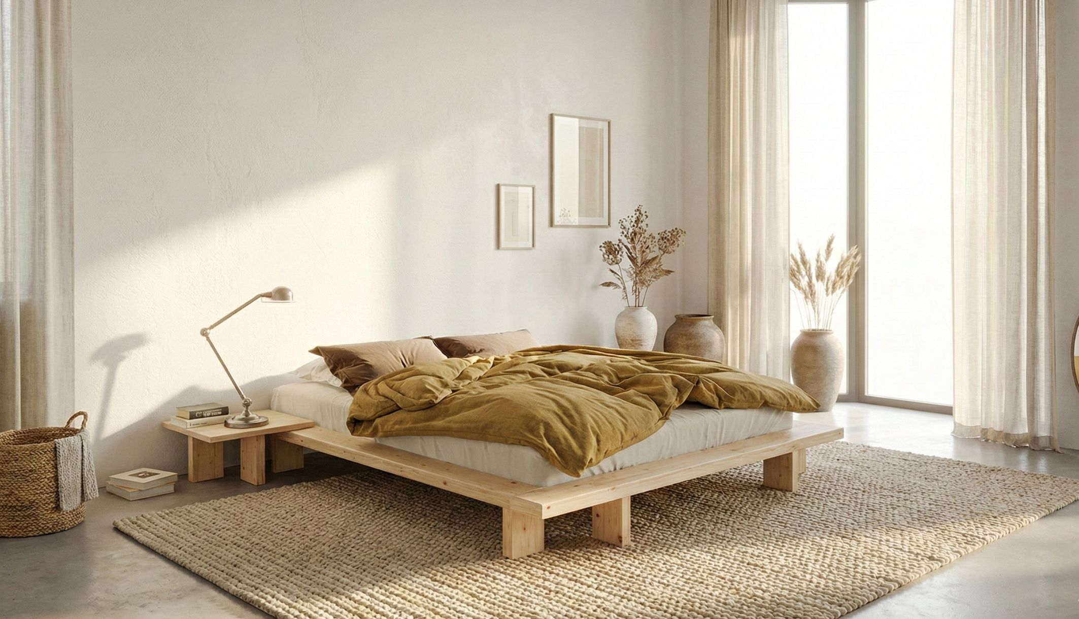 Lit futon avec chevets Japan dans une chambre au style Japandi