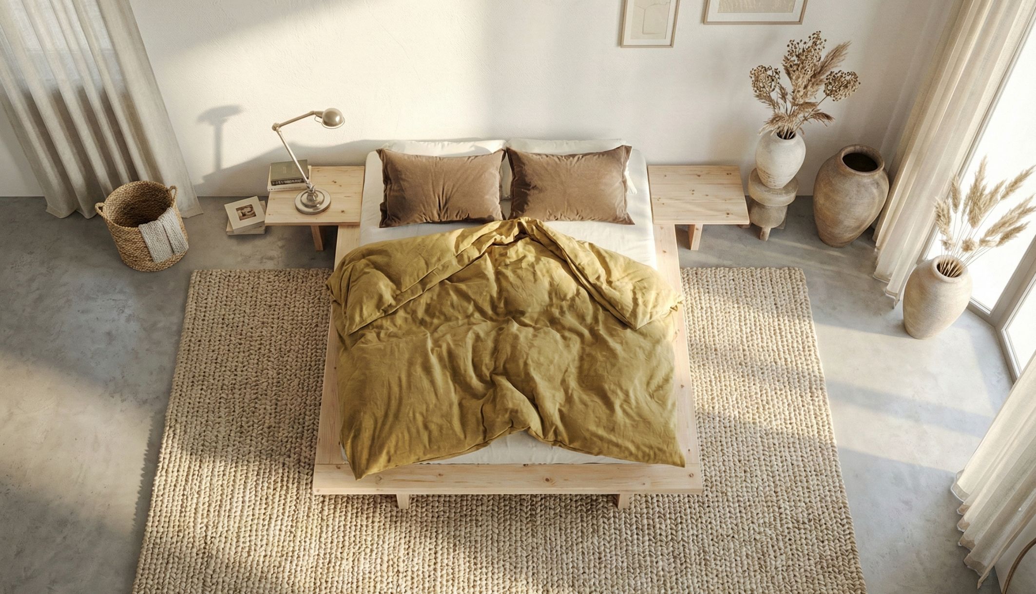 Vue du haut de l&#039;ensemble lit futon avec 2 tables de chevet Japan